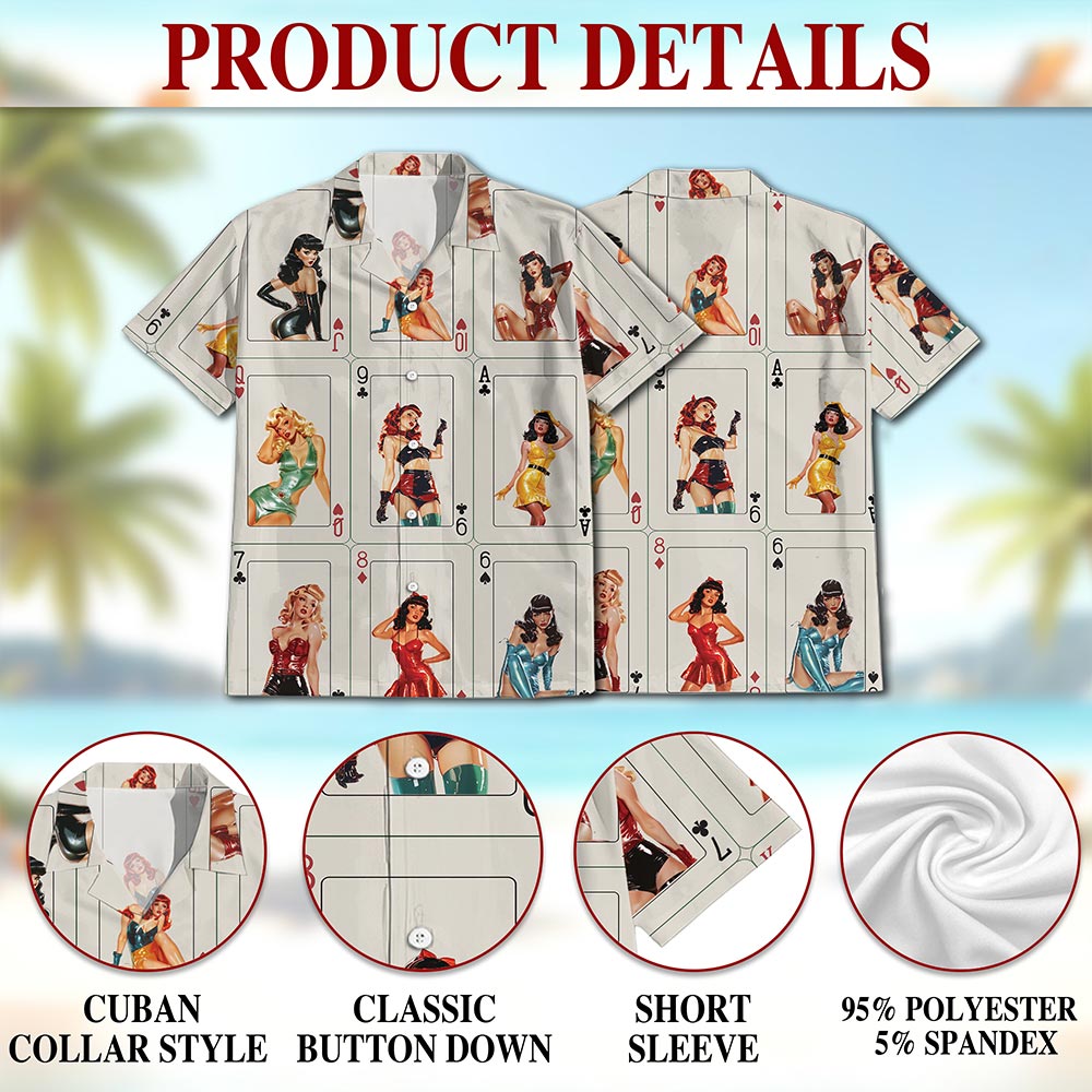 Netecom Pinup Girls Playing Card Hawaiian Shirt for Men Women, Retro Pretty Girls Button Down Summer Beach Shirts, S-5XL