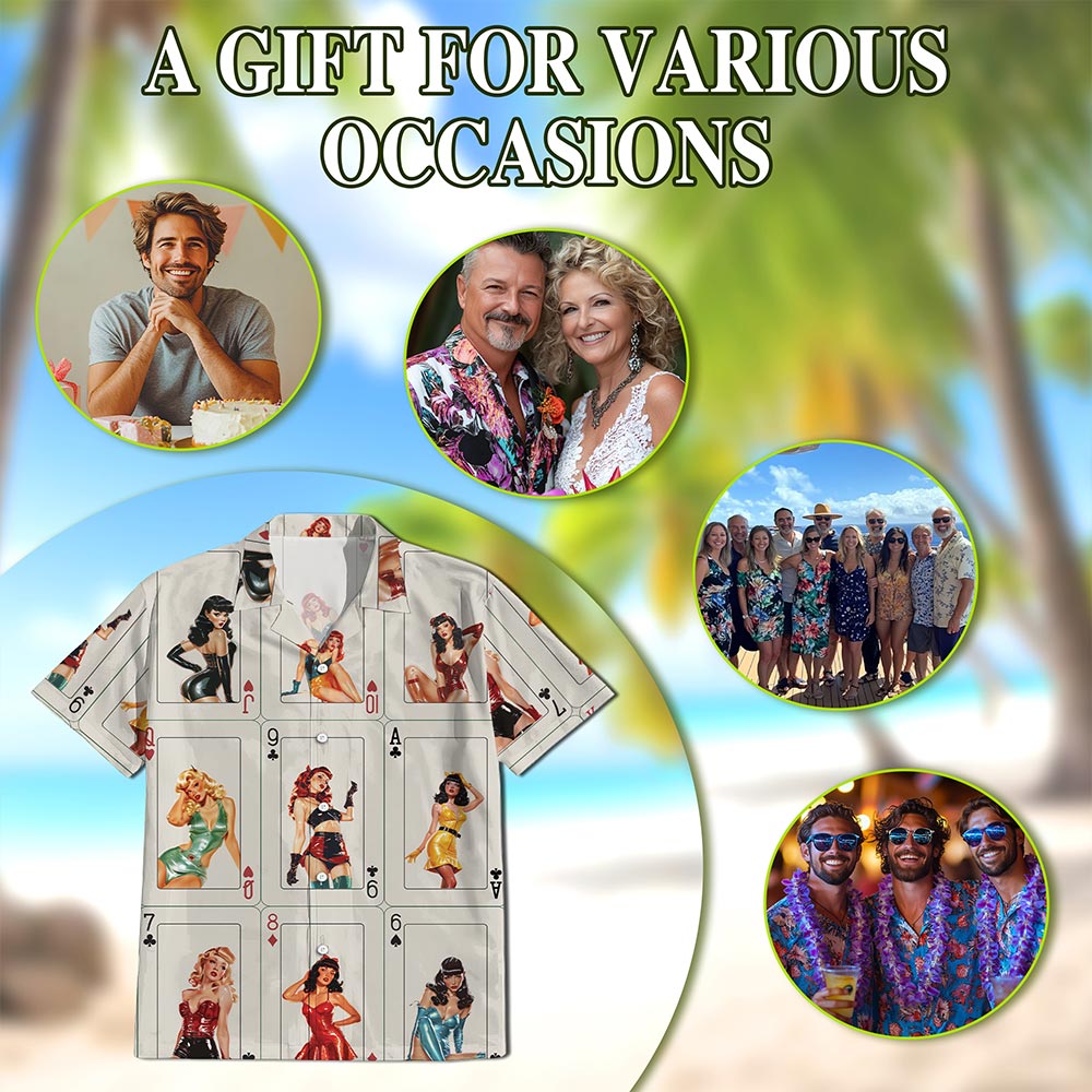 Netecom Pinup Girls Playing Card Hawaiian Shirt for Men Women, Retro Pretty Girls Button Down Summer Beach Shirts, S-5XL