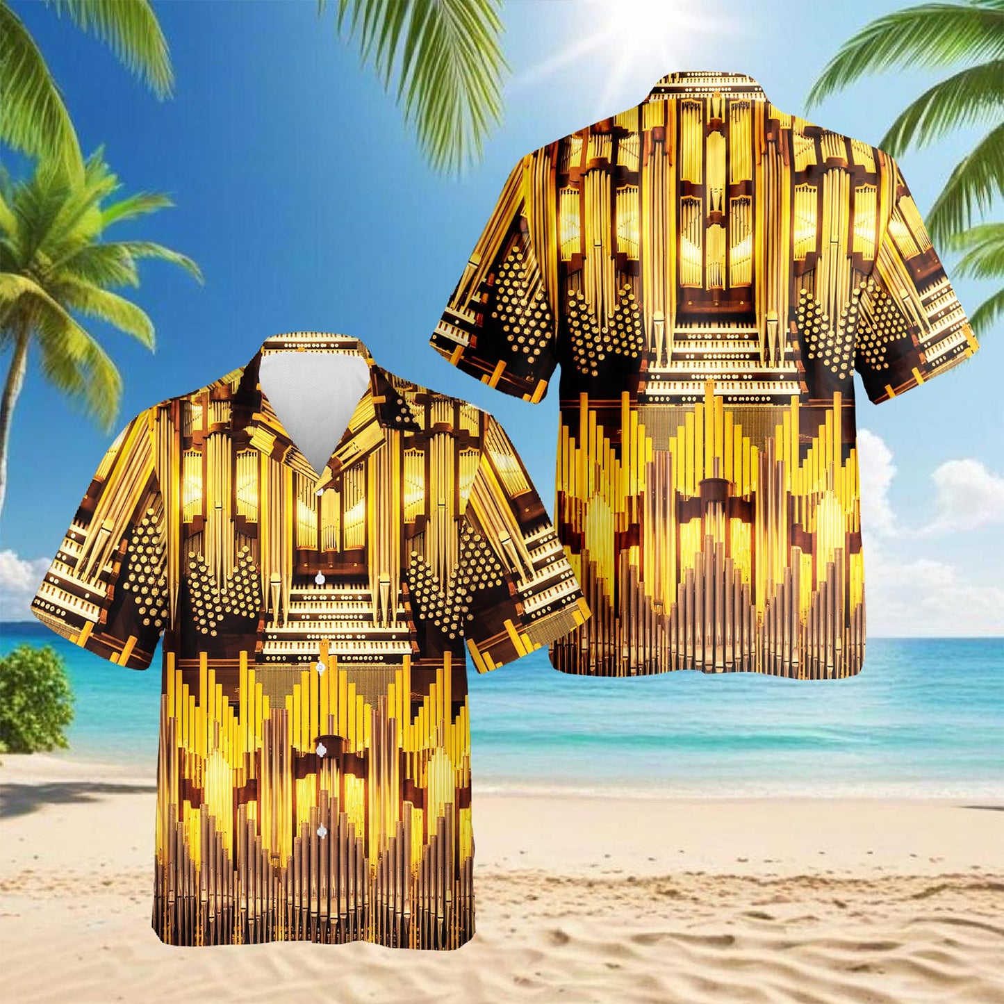 Netecom Pipe Organ Music In Church Hawaiian Shirt for Men, Button Down Summer Beach Short Sleeve, Sizes S-5XL