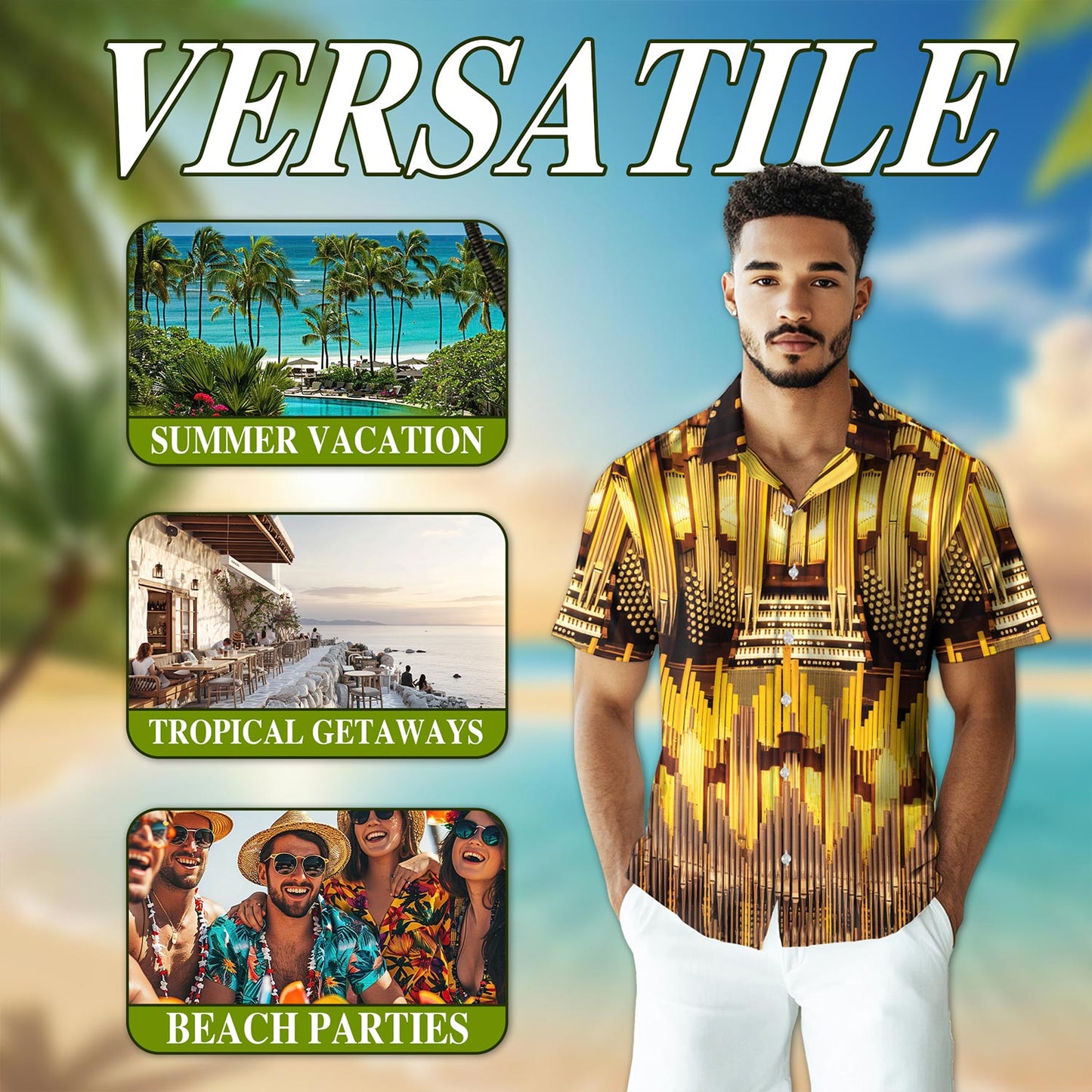 Netecom Pipe Organ Music In Church Hawaiian Shirt for Men, Button Down Summer Beach Short Sleeve, Sizes S-5XL
