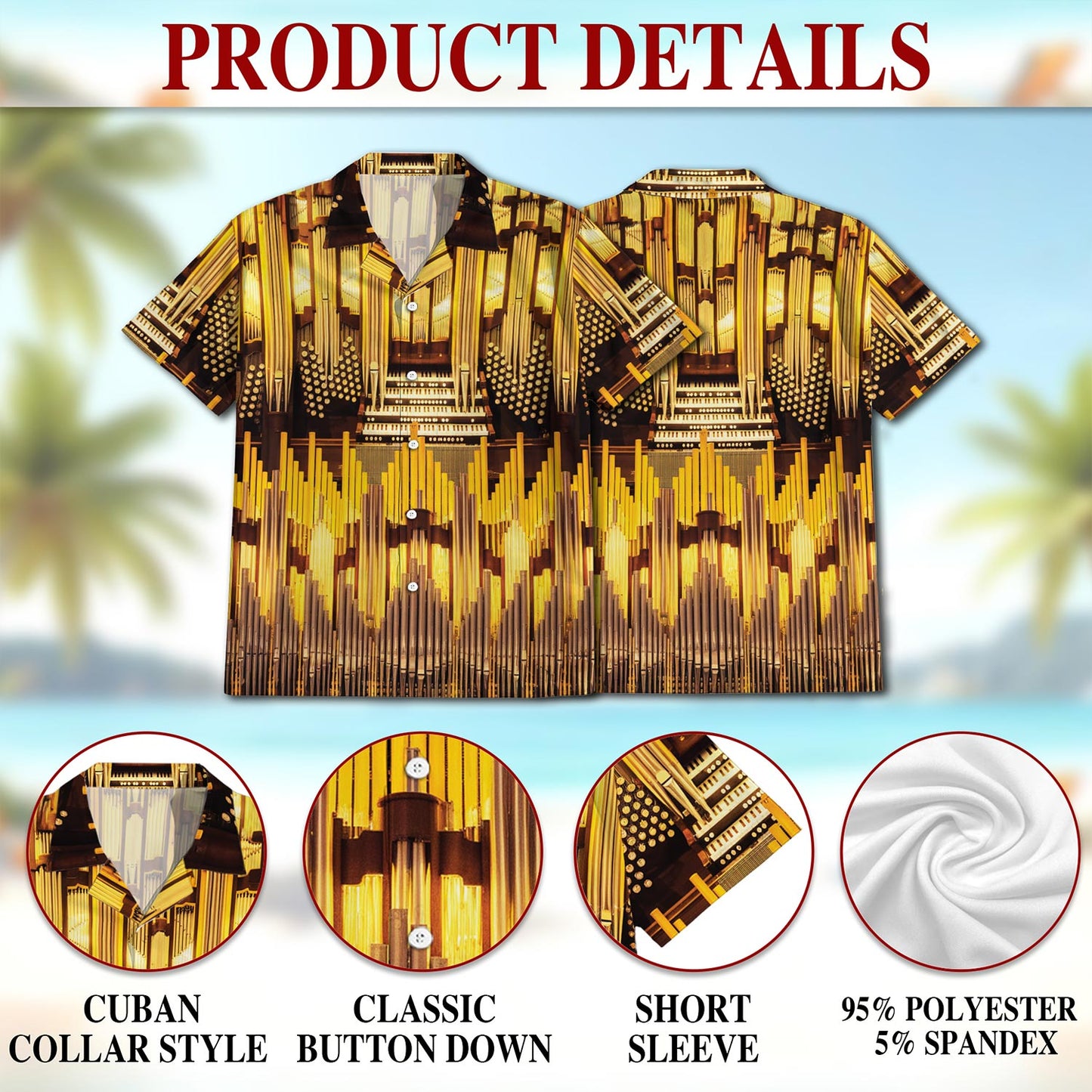 Netecom Pipe Organ Music In Church Hawaiian Shirt for Men, Button Down Summer Beach Short Sleeve, Sizes S-5XL