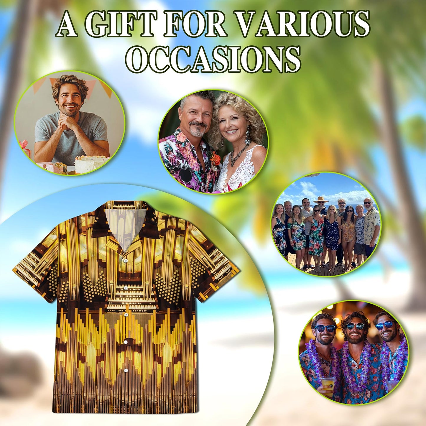 Netecom Pipe Organ Music In Church Hawaiian Shirt for Men, Button Down Summer Beach Short Sleeve, Sizes S-5XL