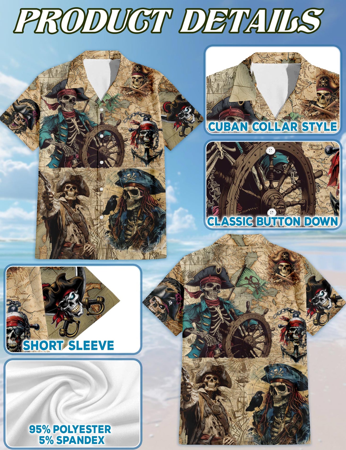 Netecom Pirate Captain Skull Hawaiian Shirt for Men Women, Vintage Button Down Summer Aloha Beach Short Sleeve Shirts, S-5XL