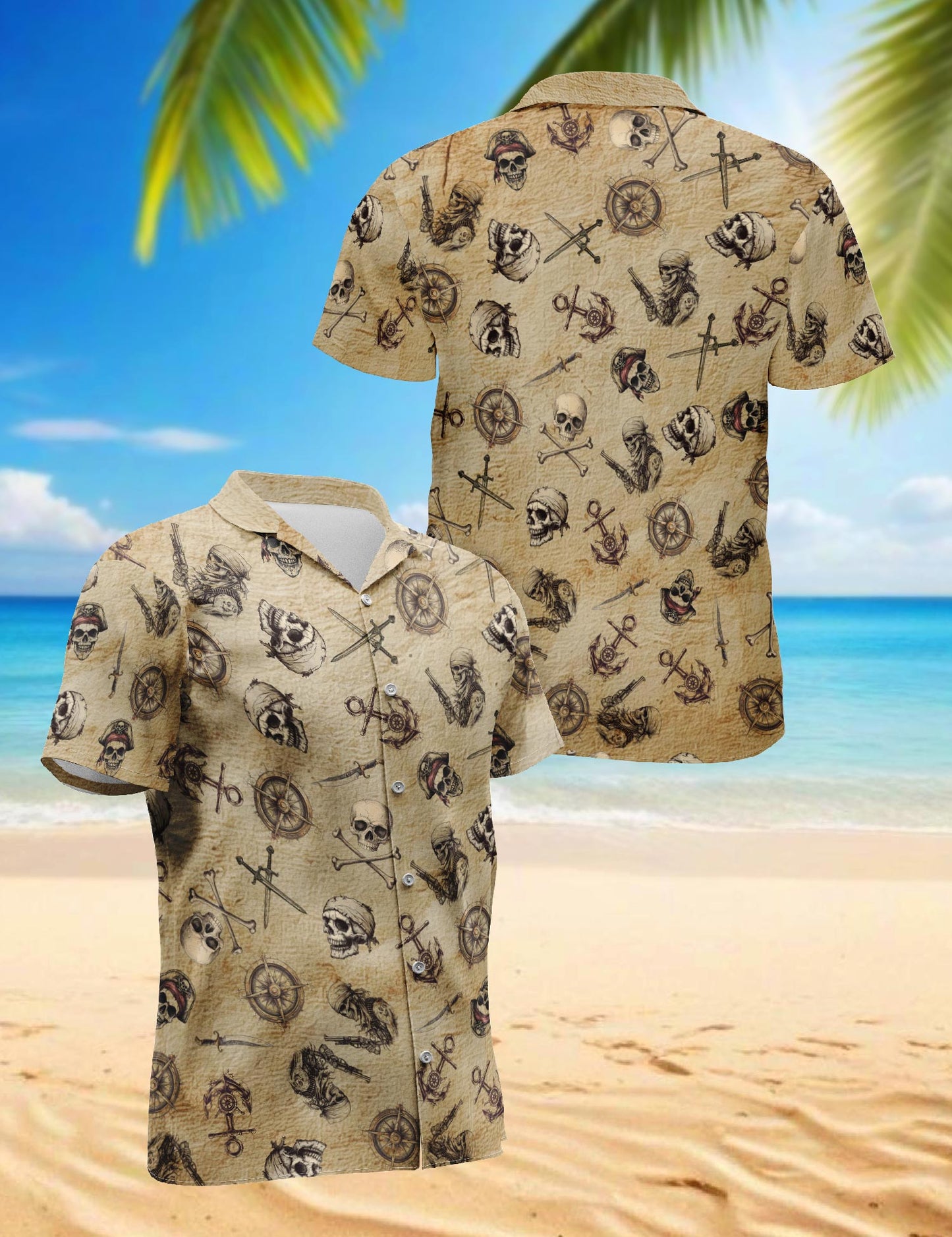 Netecom Pirate Skull Hawaiian Shirt for Men, Retro Style, Button Down Summer Beach Short Sleeve, S-5XL