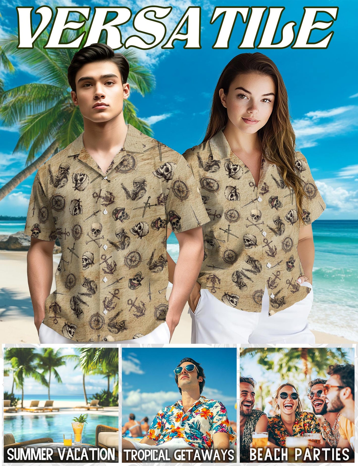 Netecom Pirate Skull Hawaiian Shirt for Men, Retro Style, Button Down Summer Beach Short Sleeve, S-5XL