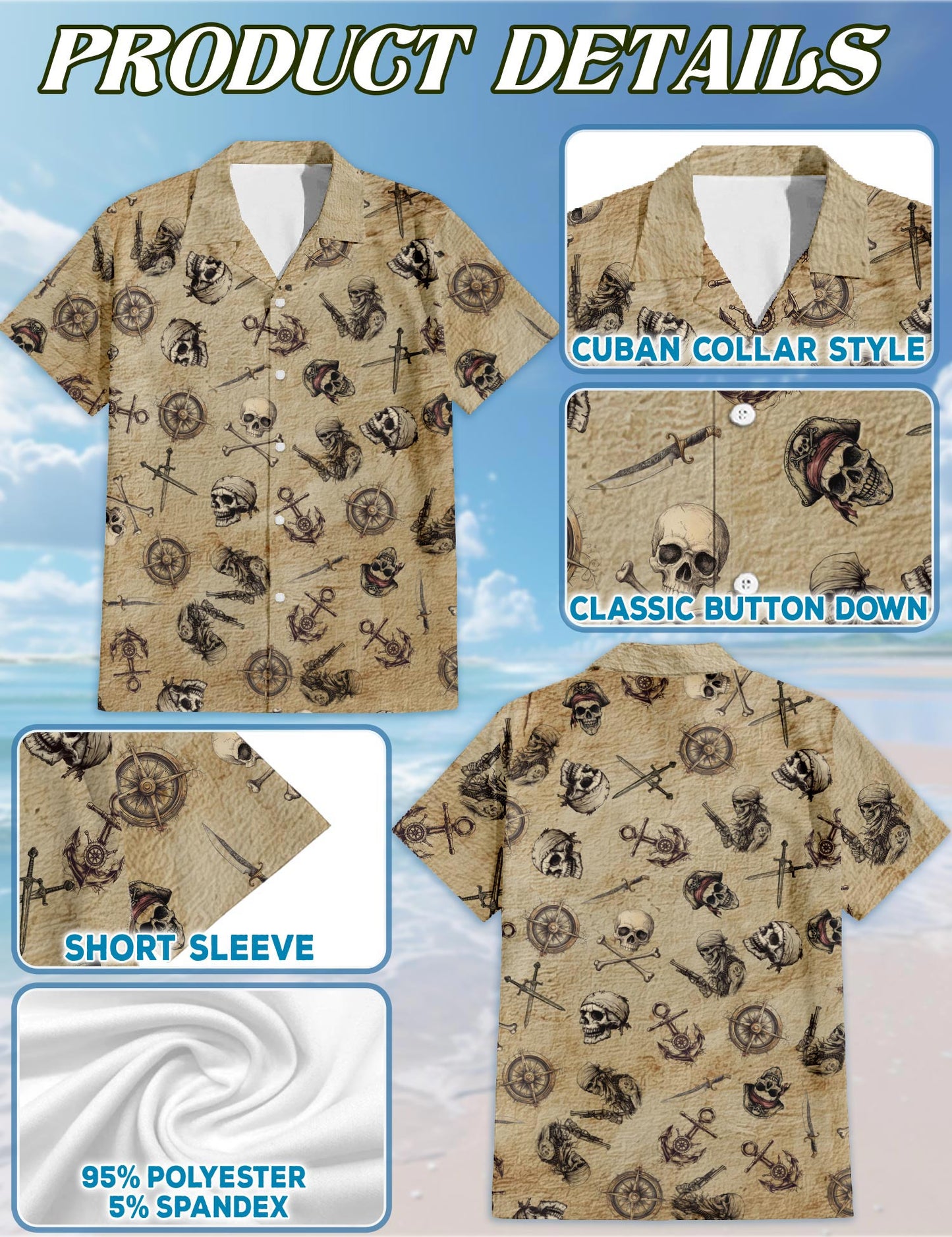 Netecom Pirate Skull Hawaiian Shirt for Men, Retro Style, Button Down Summer Beach Short Sleeve, S-5XL