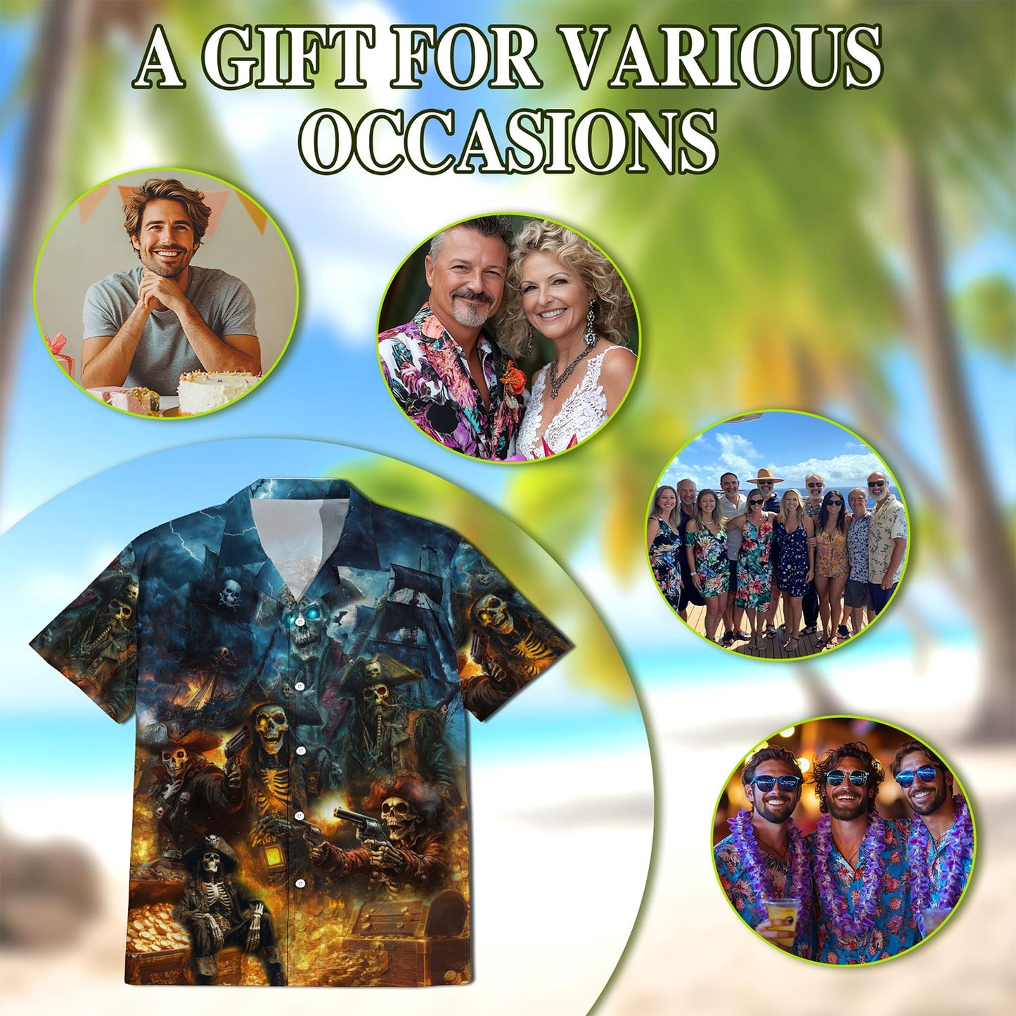 Netecom Pirate Skull Hawaiian Shirt for Men, Gothic Style, Button Down Summer Beach Short Sleeve, S-5XL