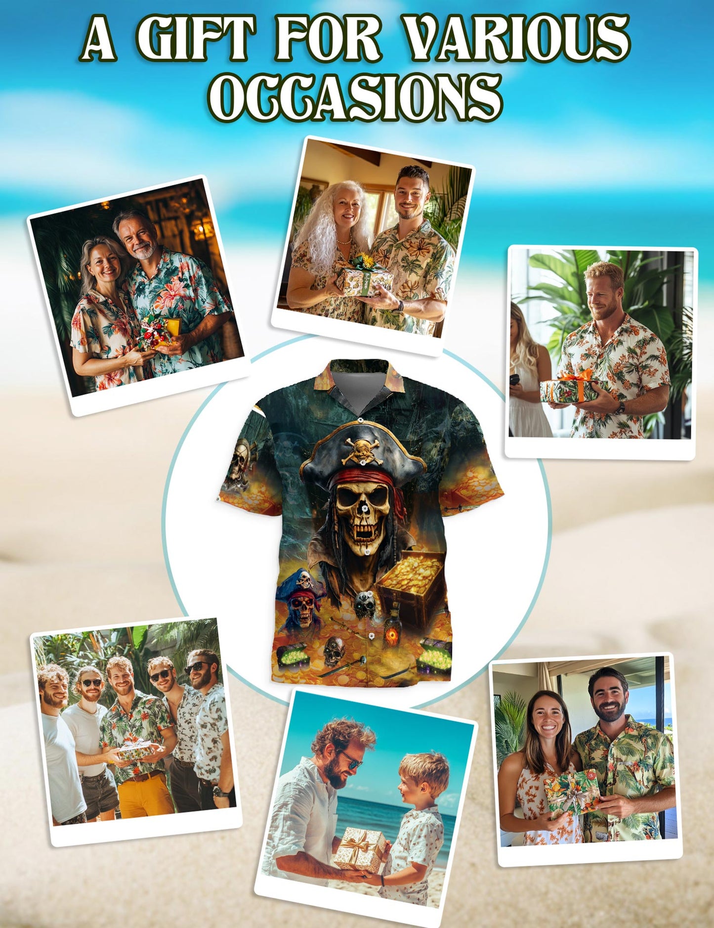 Netecom Pirate Skull Hawaiian Shirt for Men, Button Down Summer Beach Short Sleeve, S-5XL