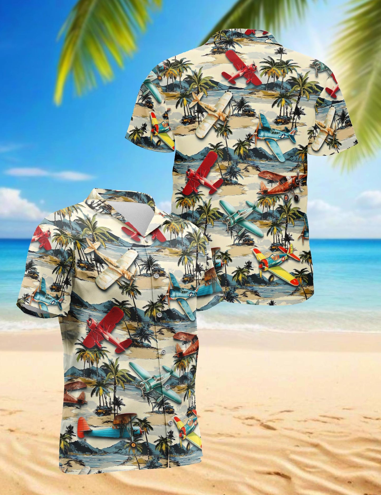 Netecom Planes and Coconut Hawaiian Shirt for Men, Tropical Style, Button Down Summer Beach Short Sleeve, S-5XL
