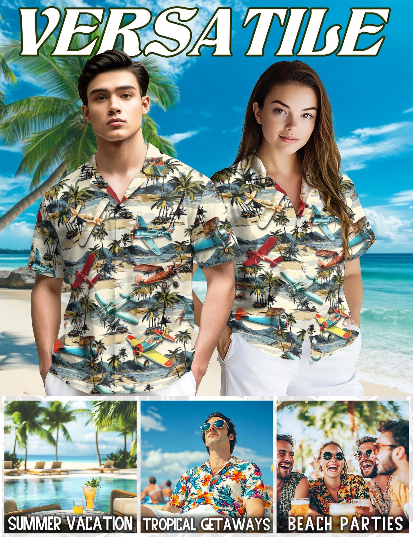 Netecom Planes and Coconut Hawaiian Shirt for Men, Tropical Style, Button Down Summer Beach Short Sleeve, S-5XL
