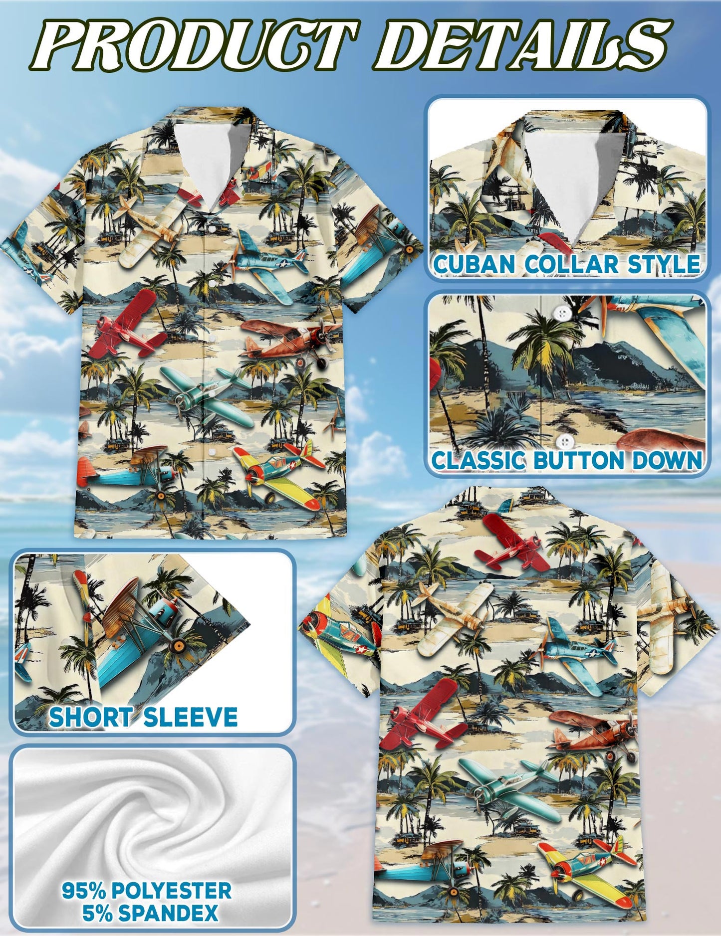 Netecom Planes and Coconut Hawaiian Shirt for Men, Tropical Style, Button Down Summer Beach Short Sleeve, S-5XL