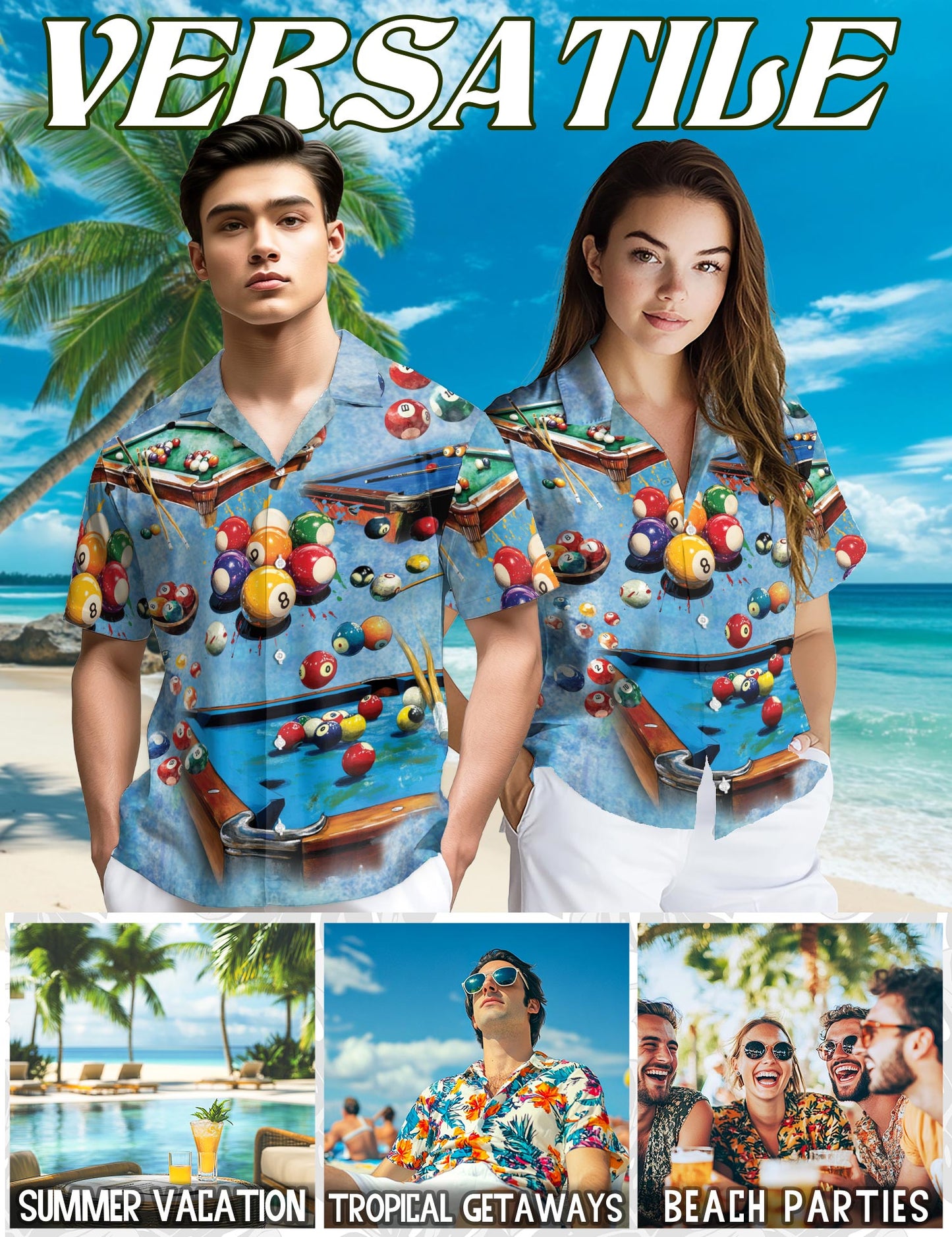 Netecom Playing Pool with Billiards Hawaiian Shirt for Men, Button Down Summer Beach Short Sleeve, Sizes S-5XL