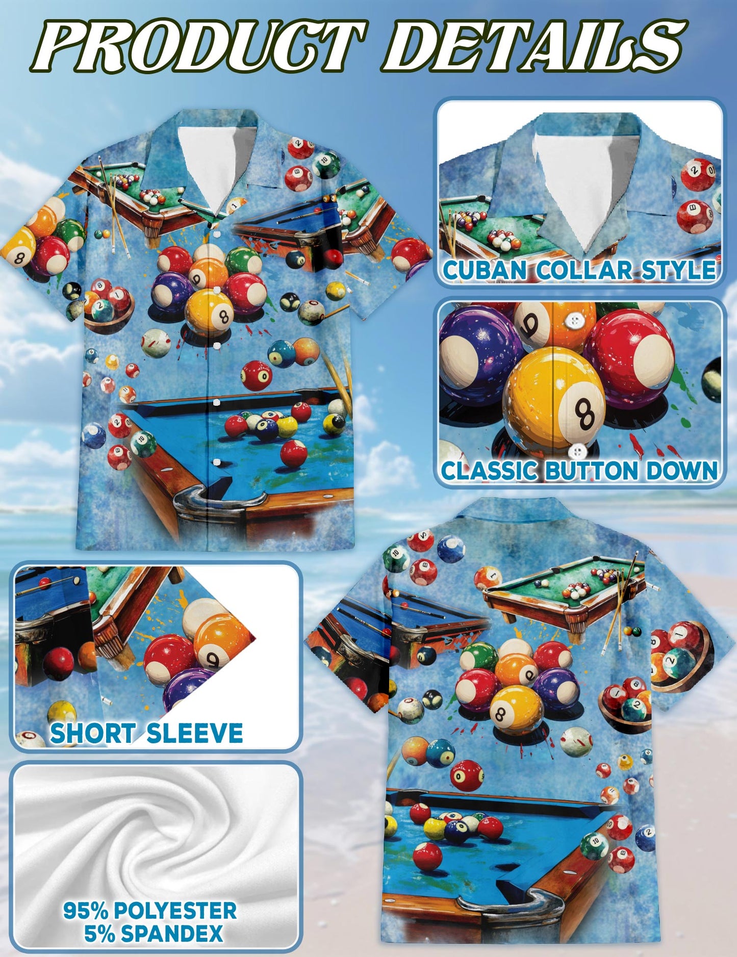 Netecom Playing Pool with Billiards Hawaiian Shirt for Men, Button Down Summer Beach Short Sleeve, Sizes S-5XL