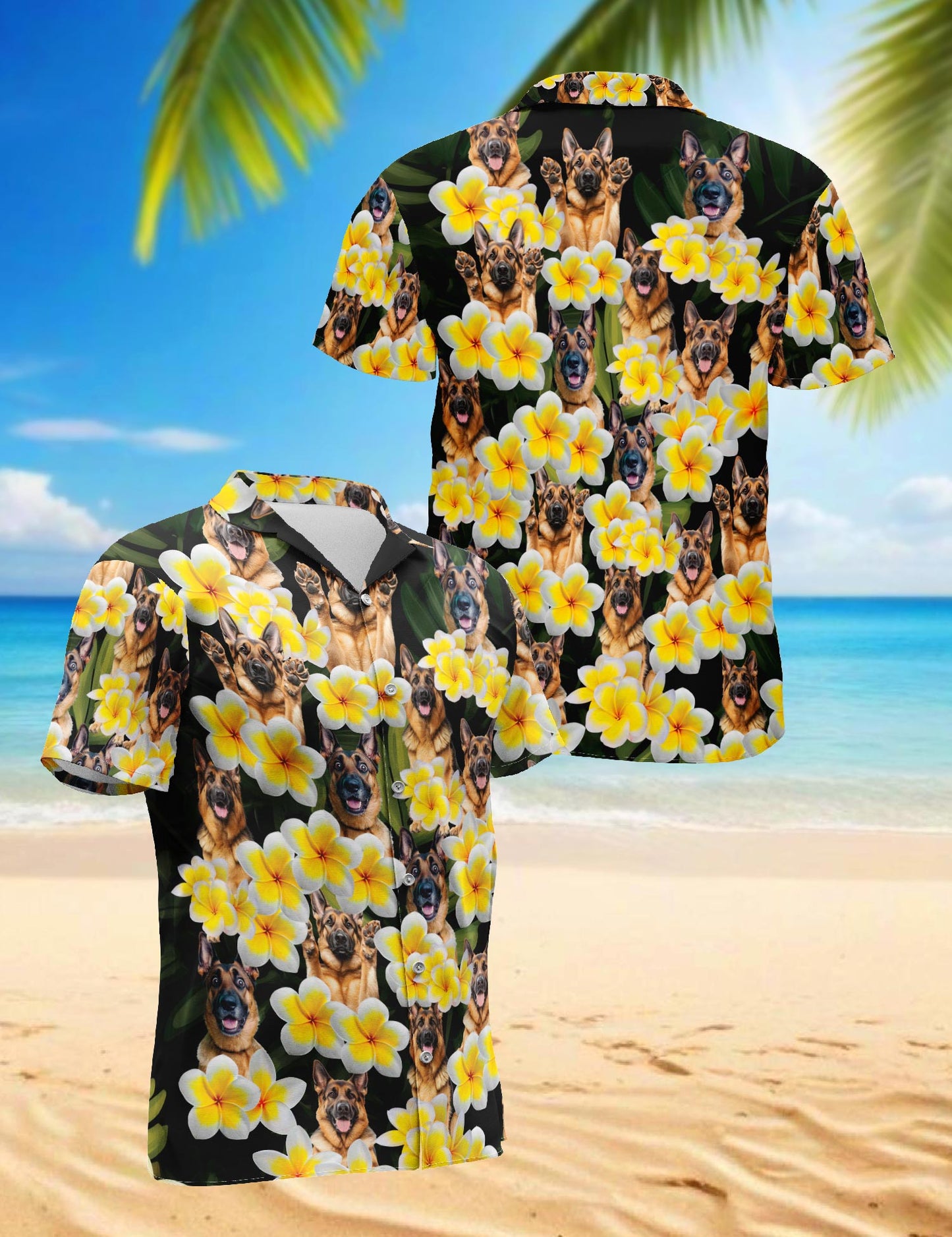 Netecom Plumeria German Shepherd Hawaiian Shirt for Men, Button Down Summer Beach Short Sleeve, Tropical Style, Sizes S-5XL