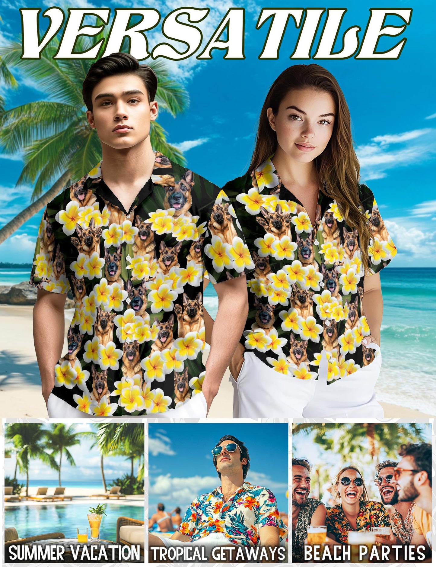 Netecom Plumeria German Shepherd Hawaiian Shirt for Men, Button Down Summer Beach Short Sleeve, Tropical Style, Sizes S-5XL
