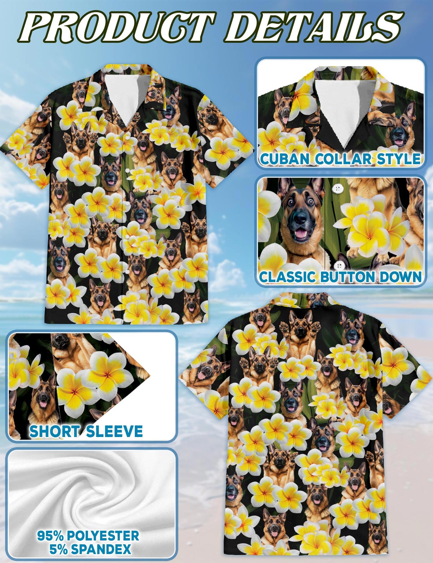 Netecom Plumeria German Shepherd Hawaiian Shirt for Men, Button Down Summer Beach Short Sleeve, Tropical Style, Sizes S-5XL