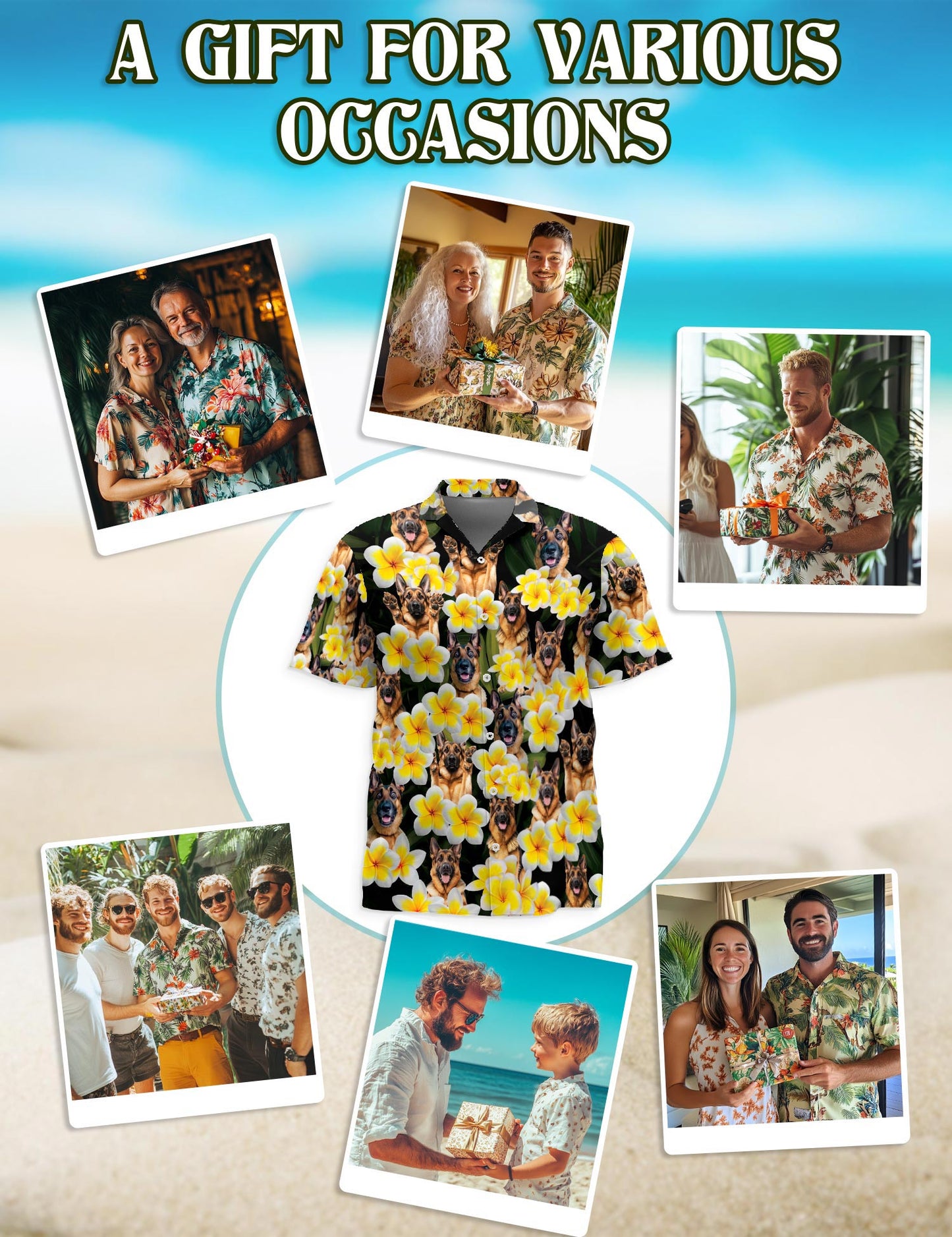 Netecom Plumeria German Shepherd Hawaiian Shirt for Men, Button Down Summer Beach Short Sleeve, Tropical Style, Sizes S-5XL