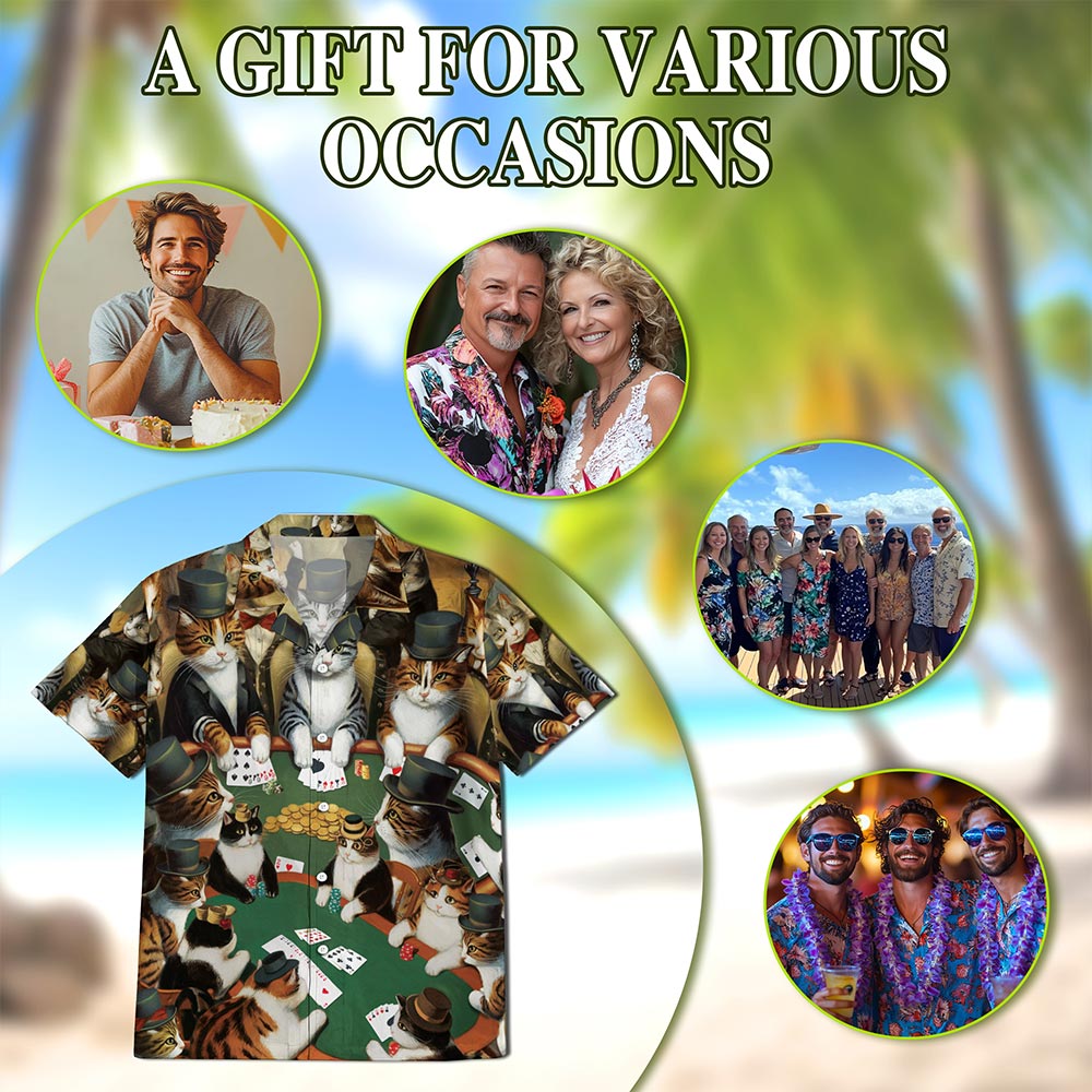 Netecom Poker Cat Hawaiian Shirt for Men, Funny Gambling Style, Button Down Summer Beach Short Sleeve, S-5XL