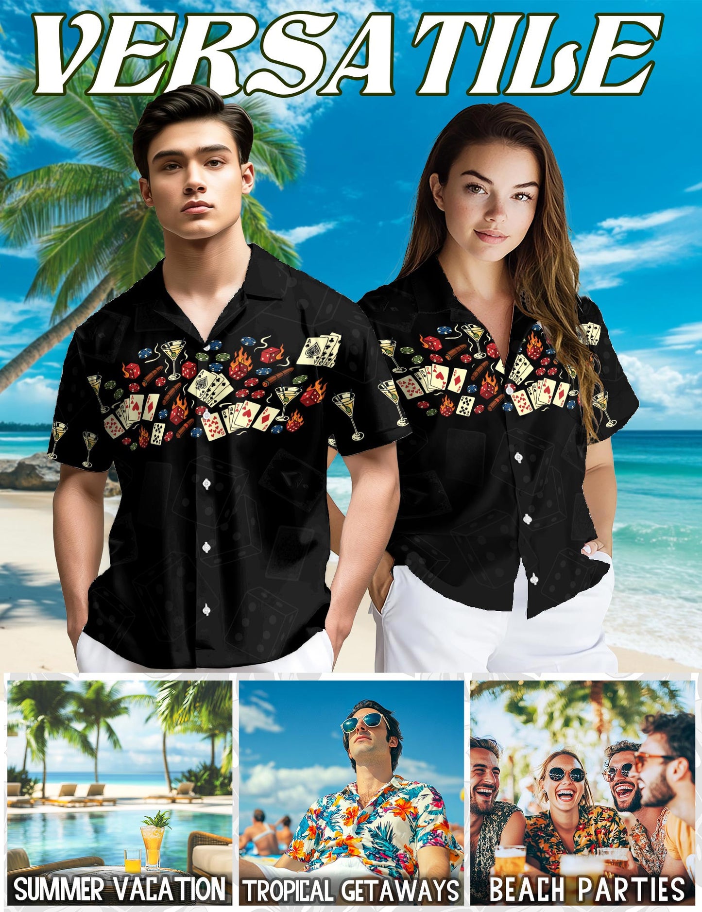 Netecom Poker Hawaiian Shirt for Men, Gambling Card Lover Style, Button Down Summer Beach Short Sleeve, S-5XL
