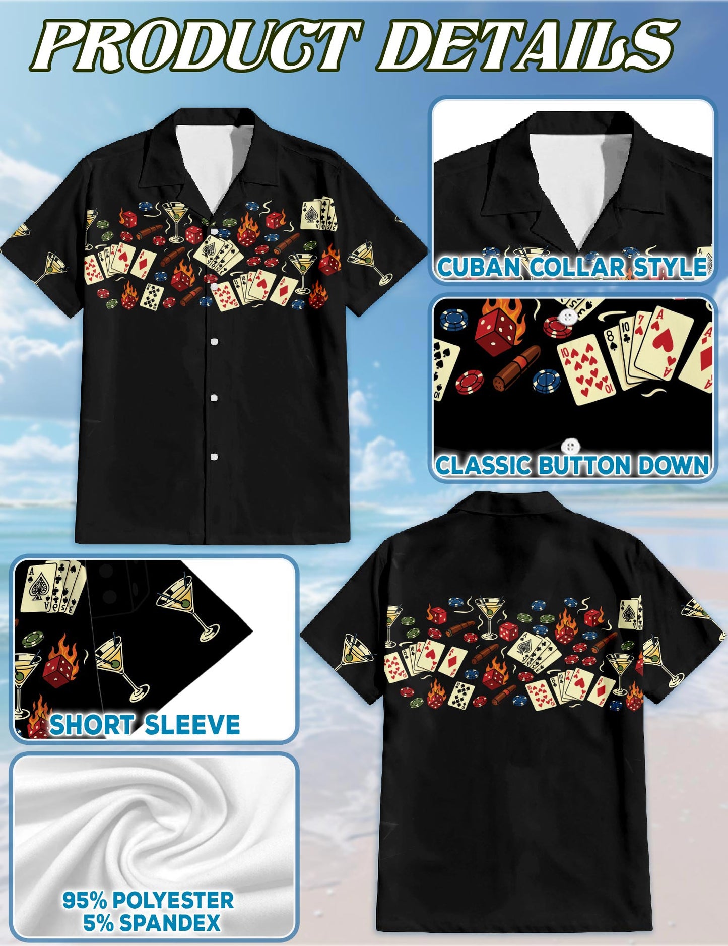 Netecom Poker Hawaiian Shirt for Men, Gambling Card Lover Style, Button Down Summer Beach Short Sleeve, S-5XL