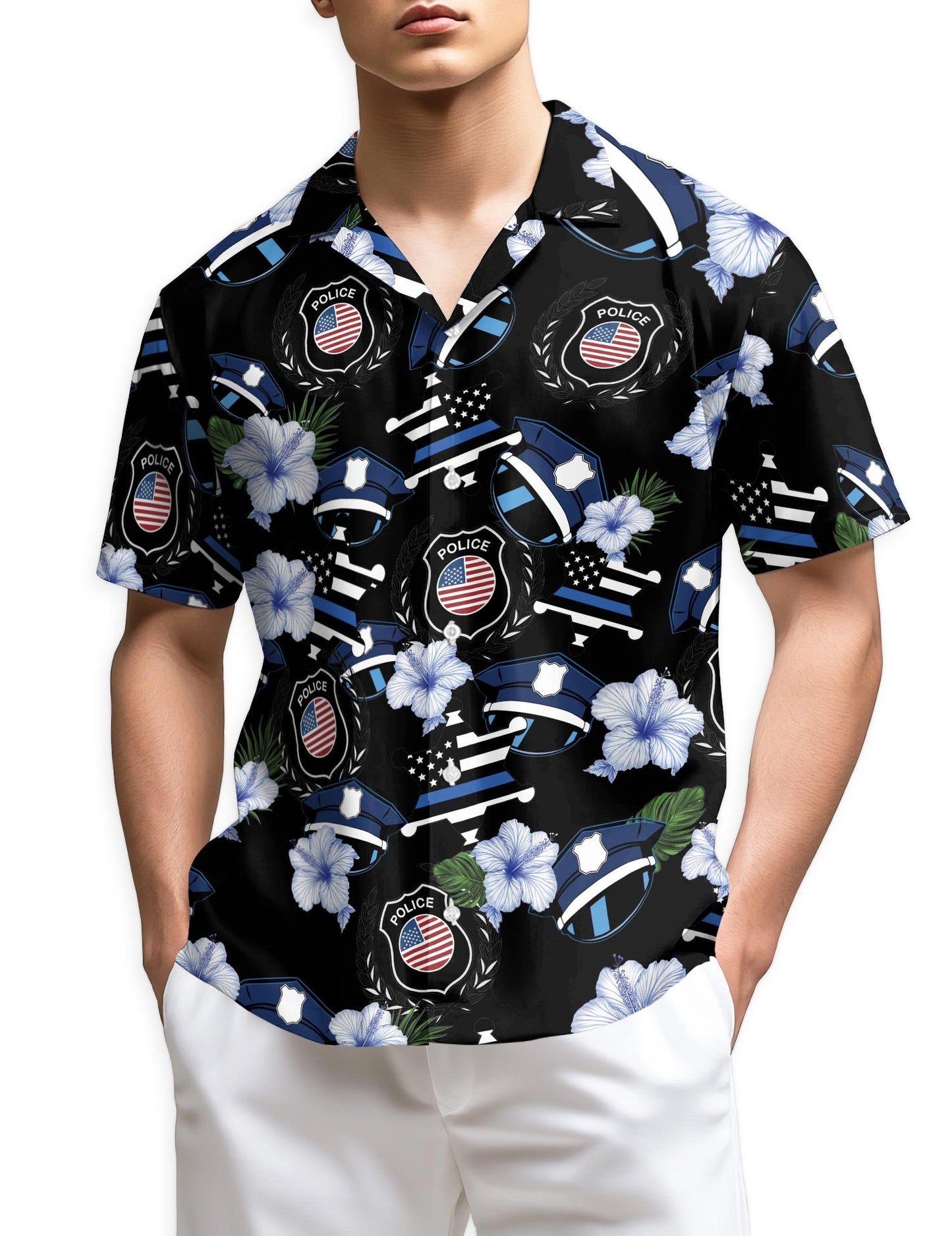 Netecom Police Badge Flower Hawaiian Shirt for Men