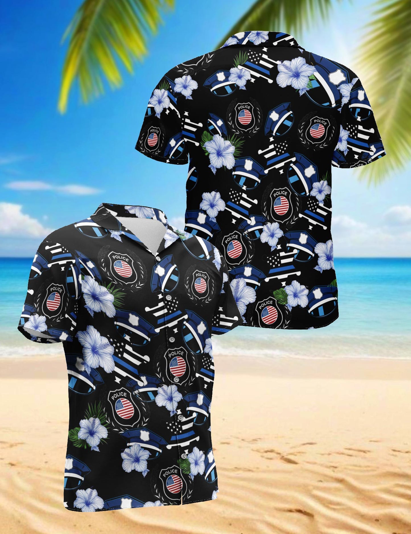 Netecom Police Badge Flower Hawaiian Shirt for Men, Policeman Gifts, Floral Button Down Summer Beach Short Sleeve, S-5XL