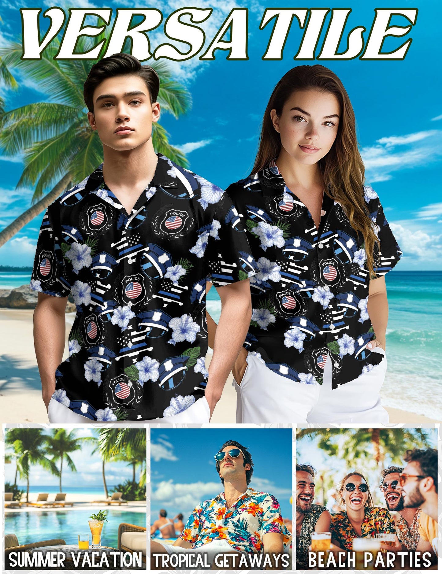Netecom Police Badge Flower Hawaiian Shirt for Men, Policeman Gifts, Floral Button Down Summer Beach Short Sleeve, S-5XL