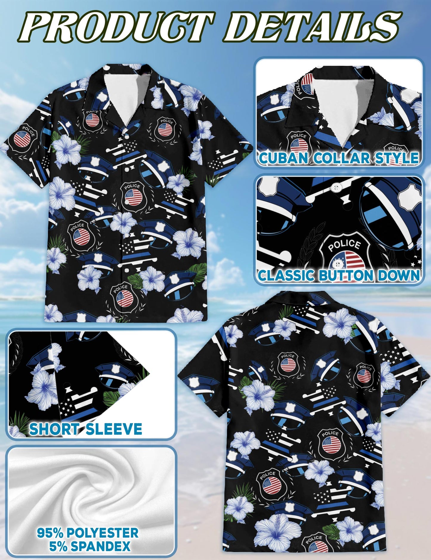 Netecom Police Badge Flower Hawaiian Shirt for Men, Policeman Gifts, Floral Button Down Summer Beach Short Sleeve, S-5XL