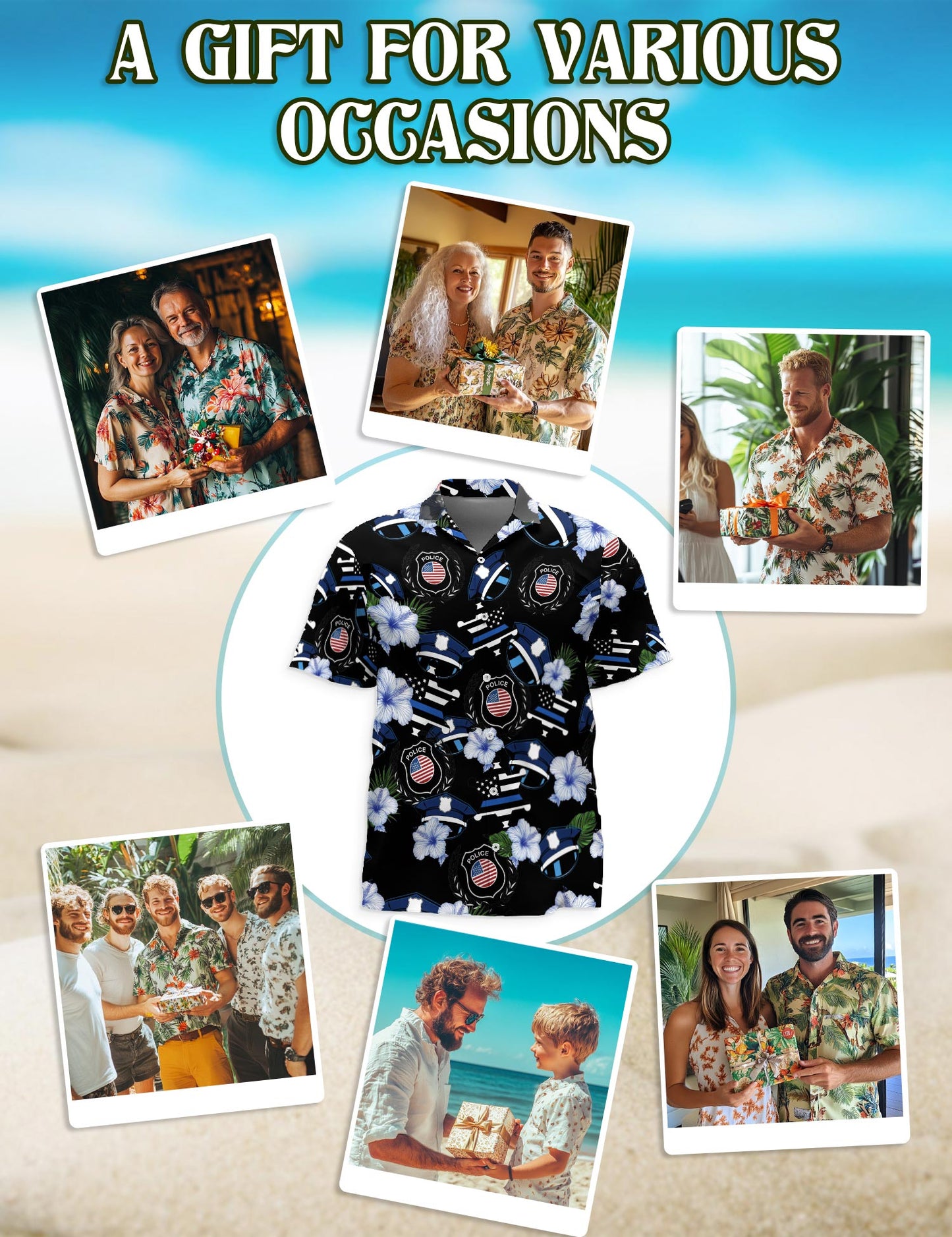 Netecom Police Badge Flower Hawaiian Shirt for Men, Policeman Gifts, Floral Button Down Summer Beach Short Sleeve, S-5XL