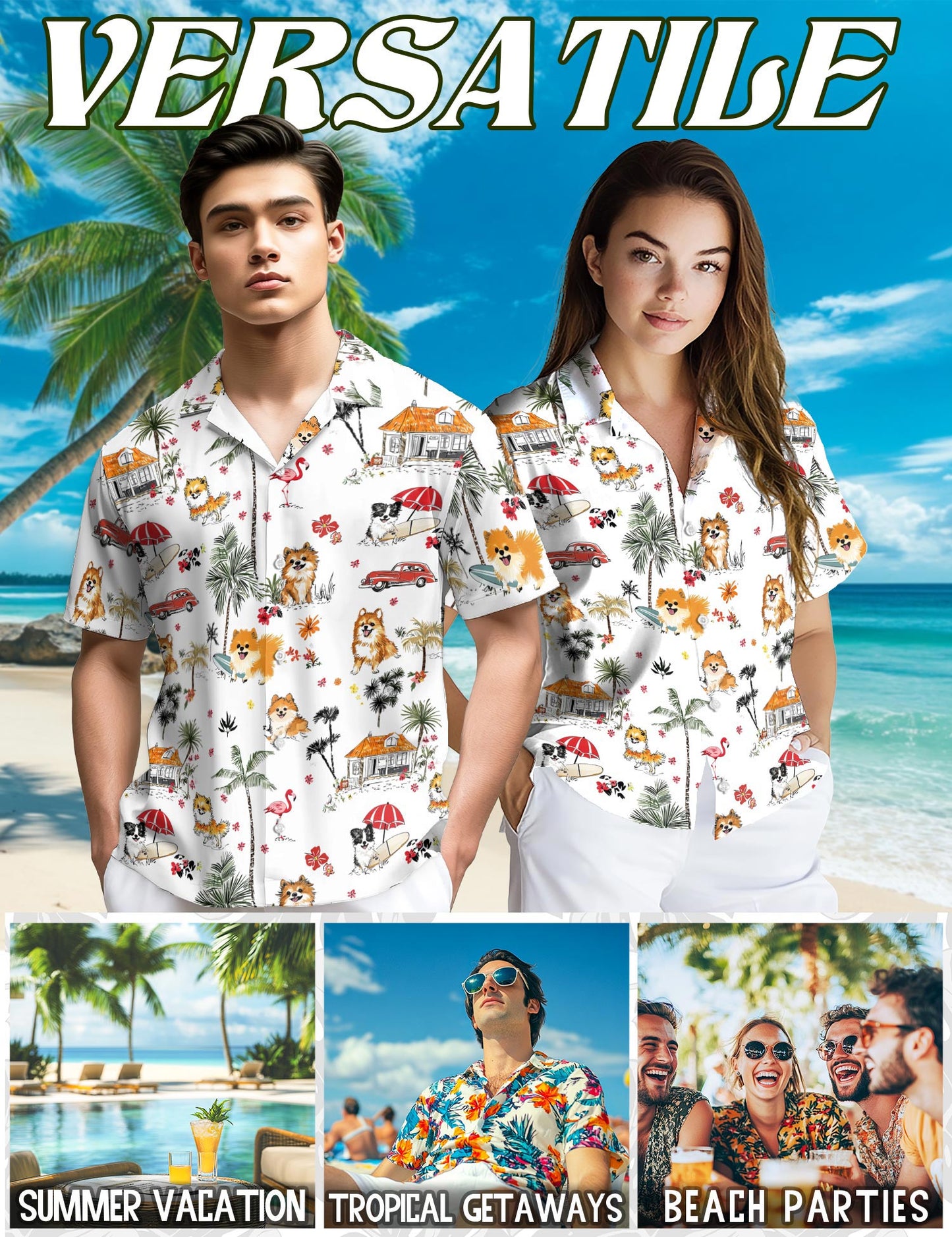 Netecom Pomeranian Hawaiian Shirt for Men, Tropical Style, Button Down Summer Beach Short Sleeve, S-5XL