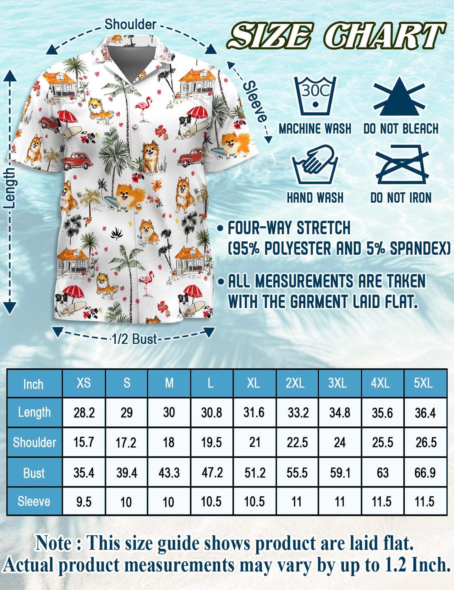 Netecom Pomeranian Hawaiian Shirt for Men, Tropical Style, Button Down Summer Beach Short Sleeve, S-5XL