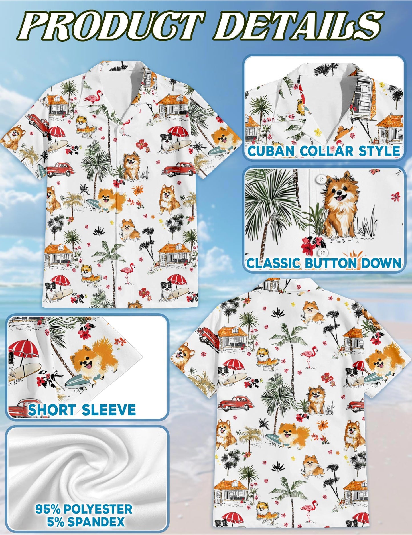 Netecom Pomeranian Hawaiian Shirt for Men, Tropical Style, Button Down Summer Beach Short Sleeve, S-5XL