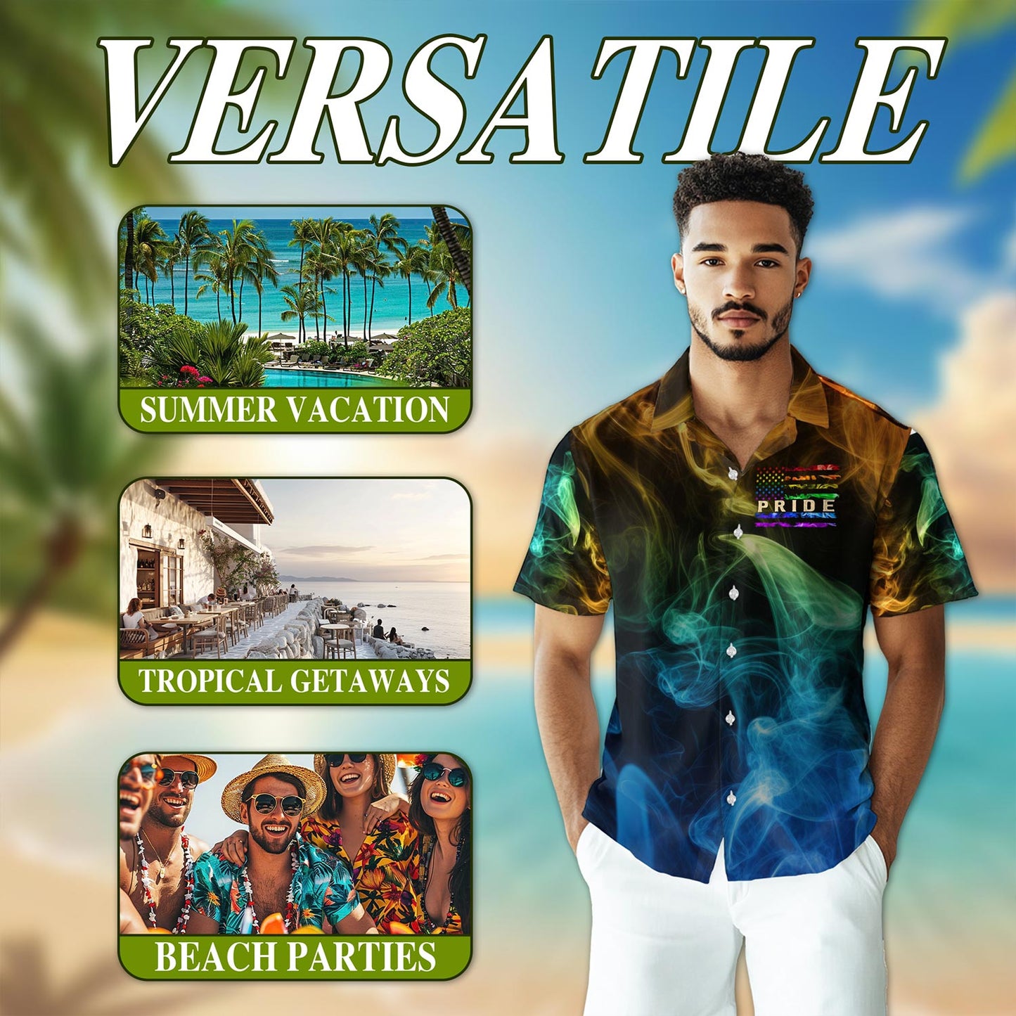 Netecom Pride Smoke Rainbow USA Flag Hawaiian Shirt for Men, Vintage Style, Button Down Summer Beach Short Sleeve, S-5XL