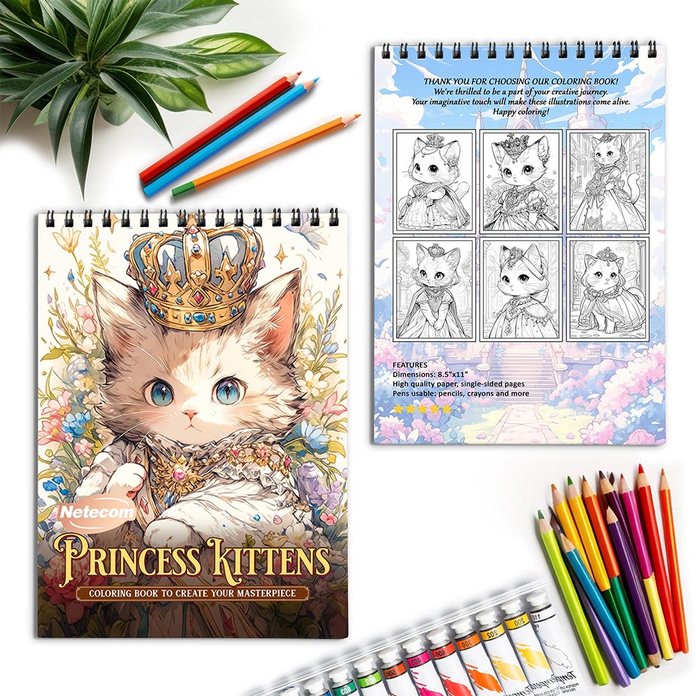 Netecom Princess Kittens Spiral Coloring Book for Adults