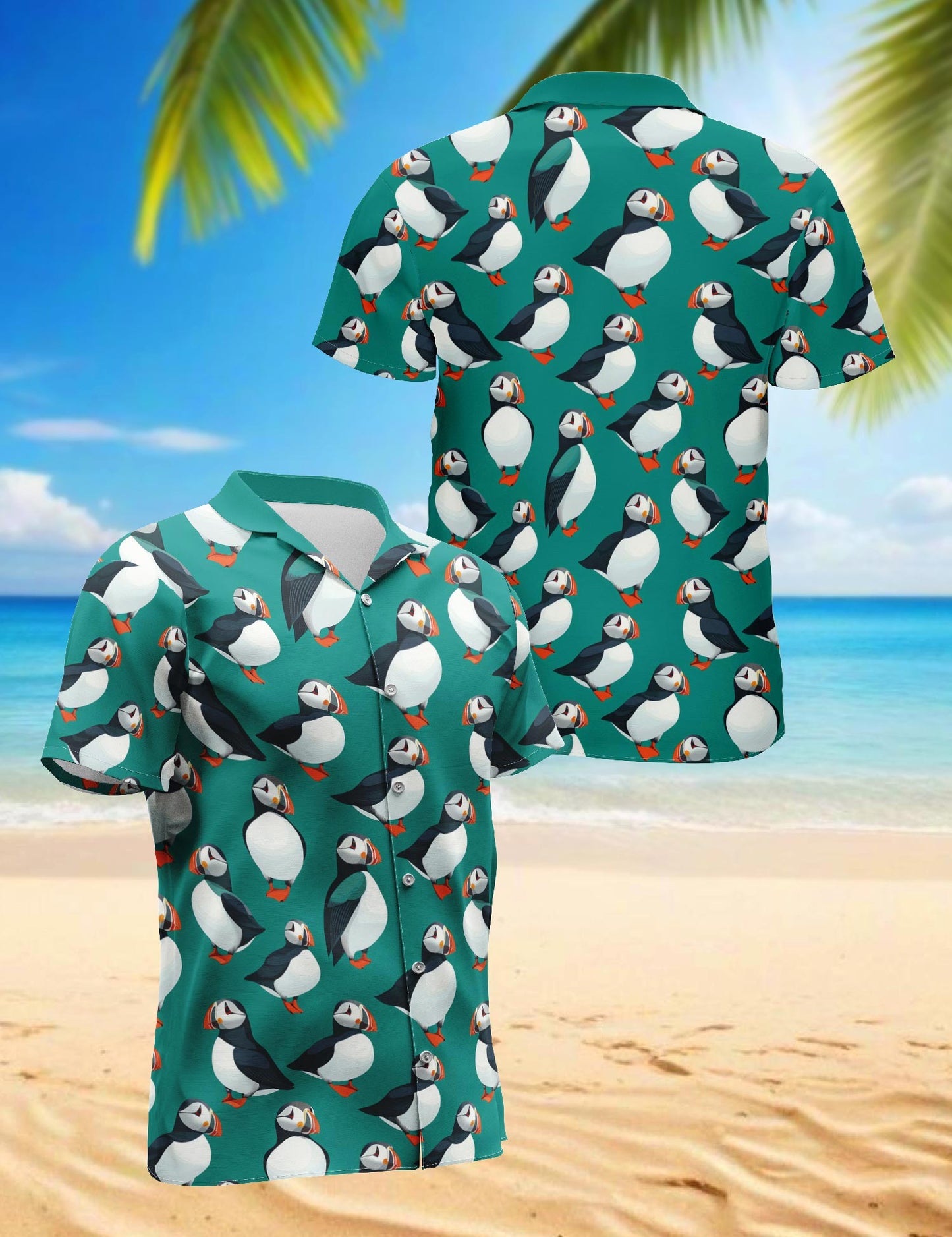 Netecom Puffin Birds Pattern Hawaiian Shirt for Men, Vintage Style, Button Down Summer Beach Short Sleeve, S-5XL