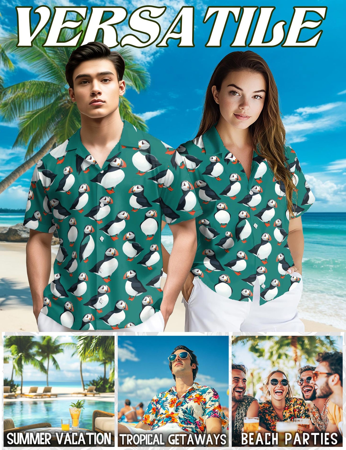 Netecom Puffin Birds Pattern Hawaiian Shirt for Men, Vintage Style, Button Down Summer Beach Short Sleeve, S-5XL