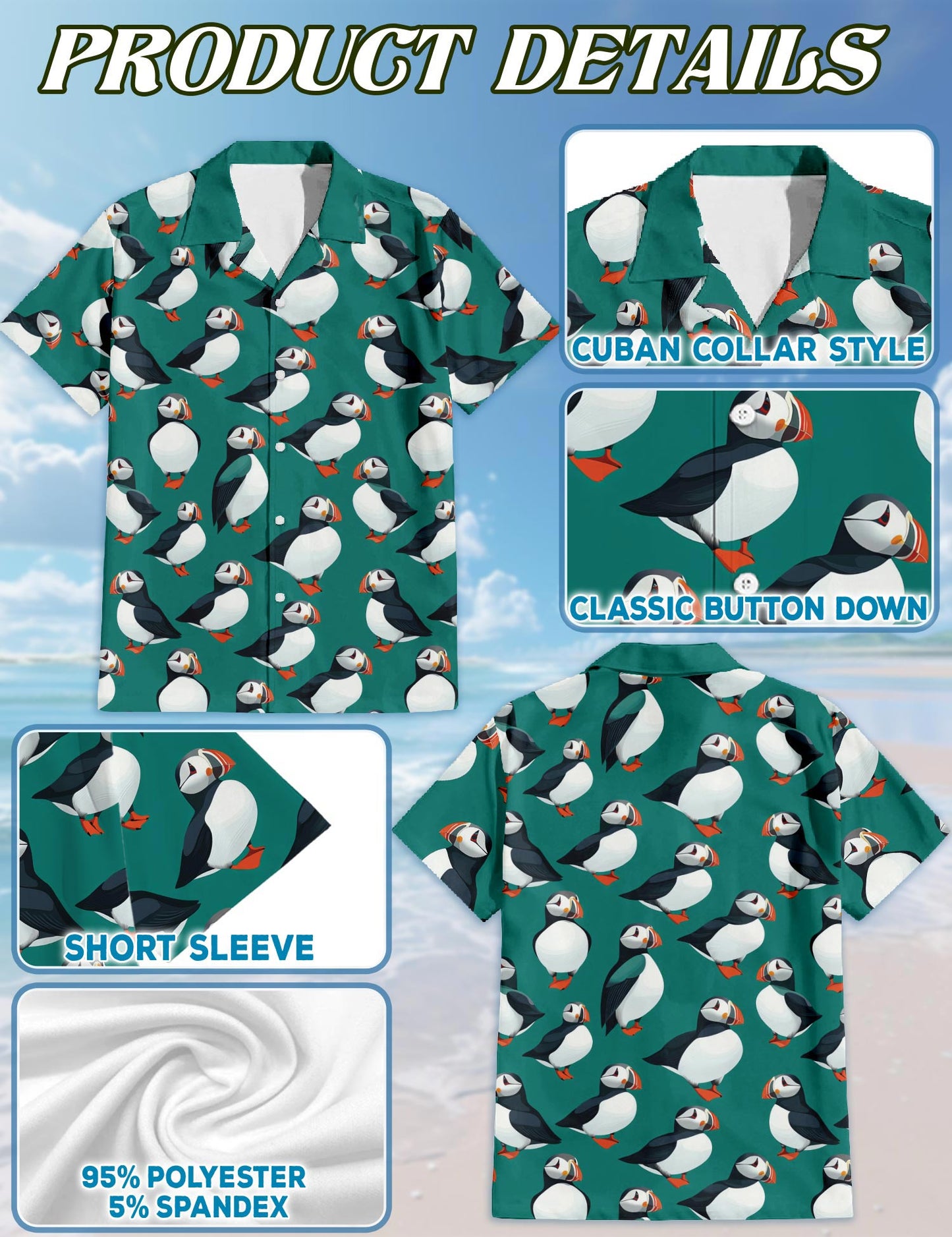 Netecom Puffin Birds Pattern Hawaiian Shirt for Men, Vintage Style, Button Down Summer Beach Short Sleeve, S-5XL