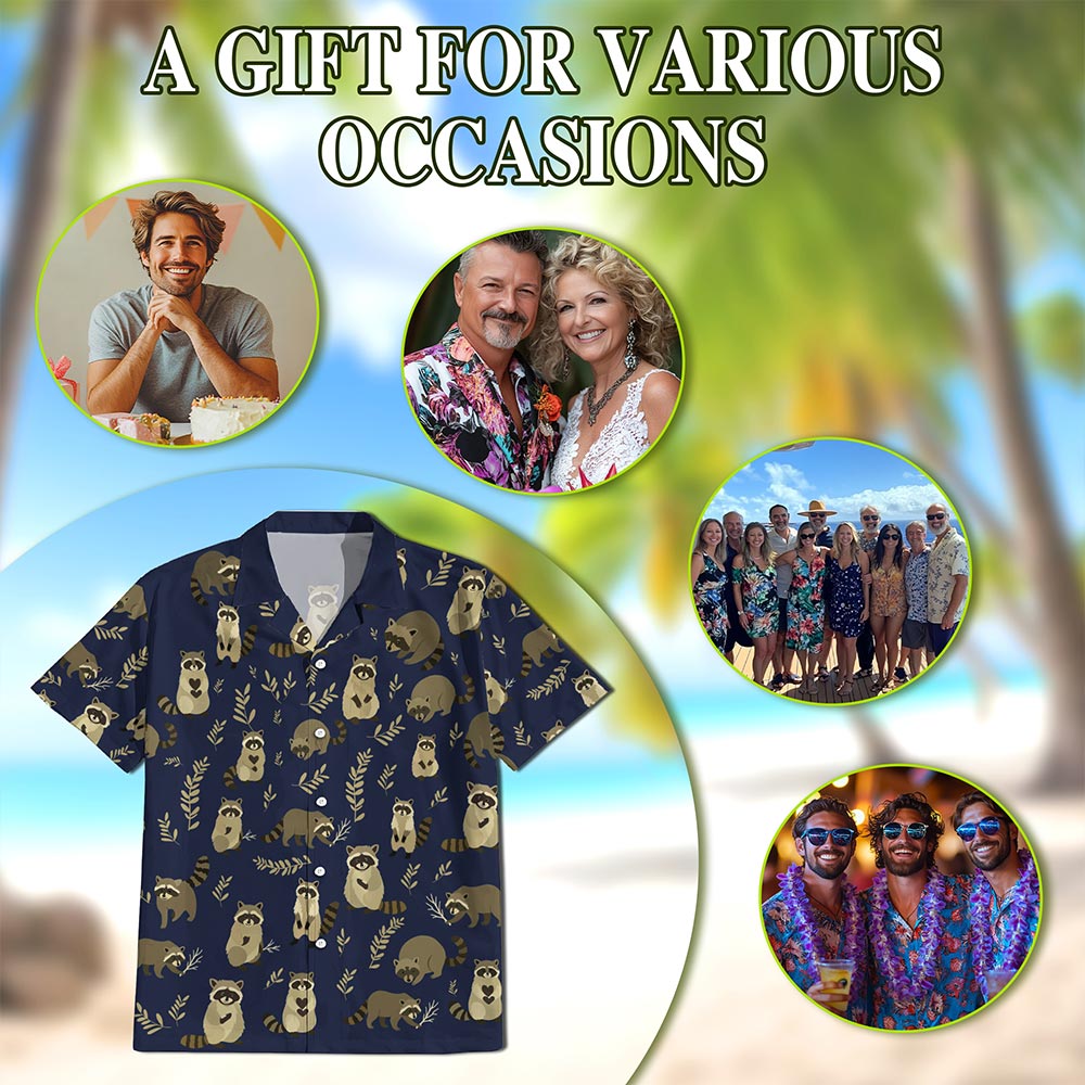 Netecom Raccoon Pattern Hawaiian Shirt for Men, Vintage Style, Button Down Summer Beach Short Sleeve, S-5XL