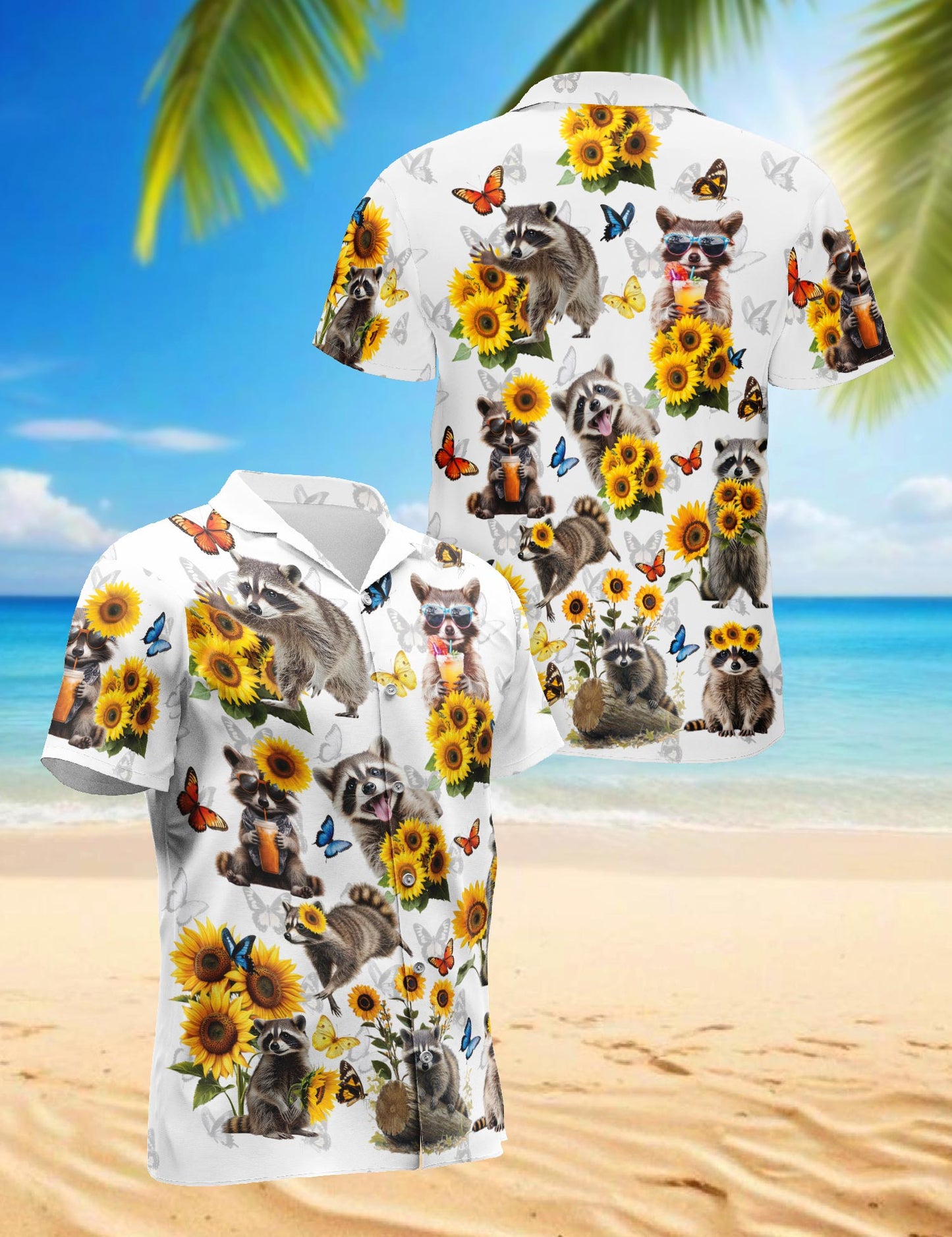 Netecom Raccoon Sunflower Hawaiian Shirt for Men, Vintage Style, Button Down Summer Beach Short Sleeve, S-5XL