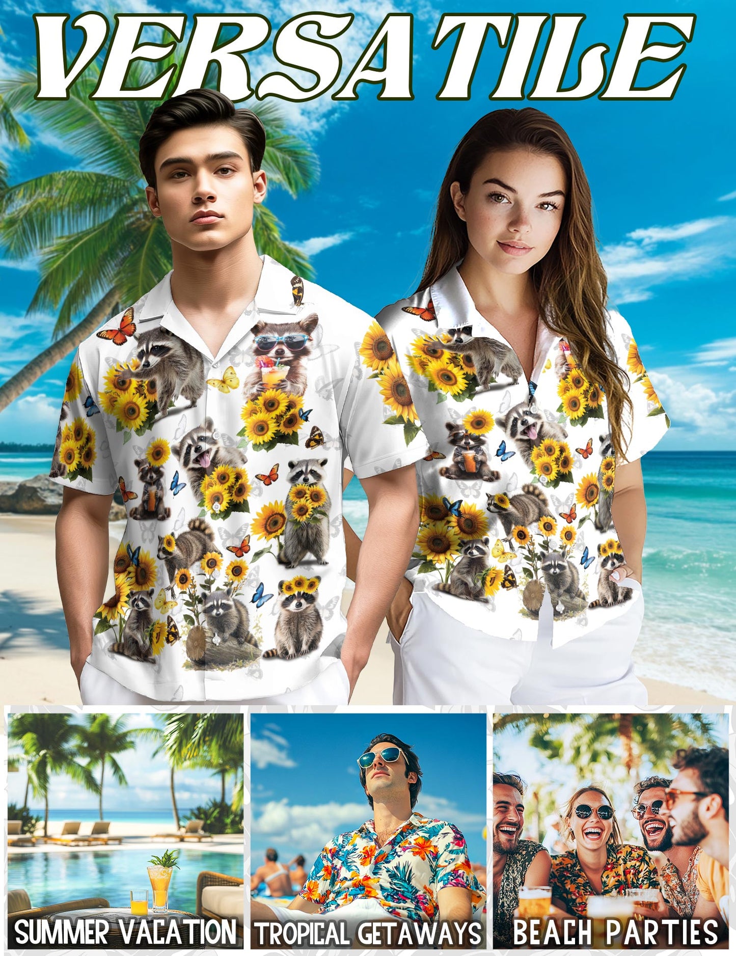 Netecom Raccoon Sunflower Hawaiian Shirt for Men, Vintage Style, Button Down Summer Beach Short Sleeve, S-5XL