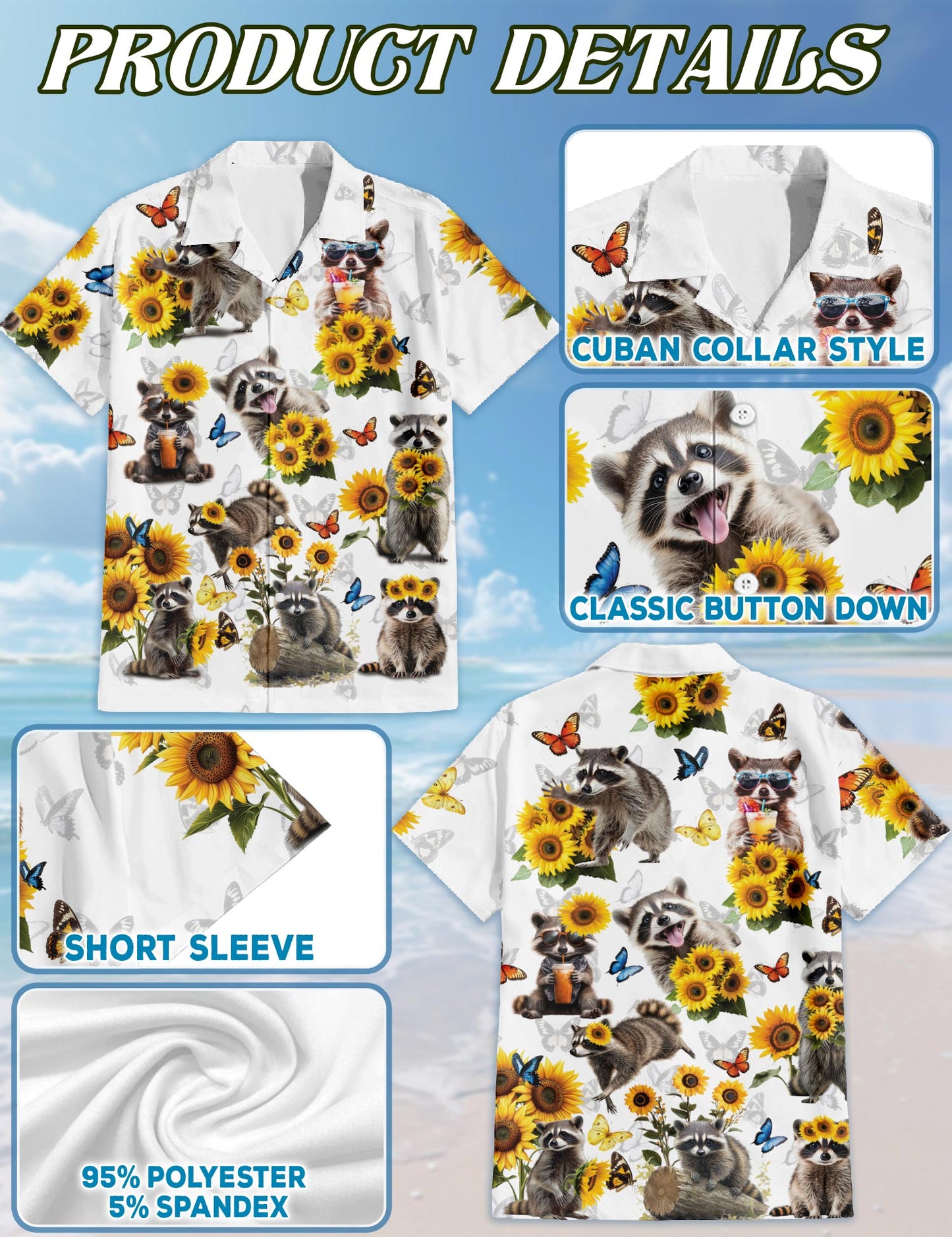 Netecom Raccoon Sunflower Hawaiian Shirt for Men, Vintage Style, Button Down Summer Beach Short Sleeve, S-5XL
