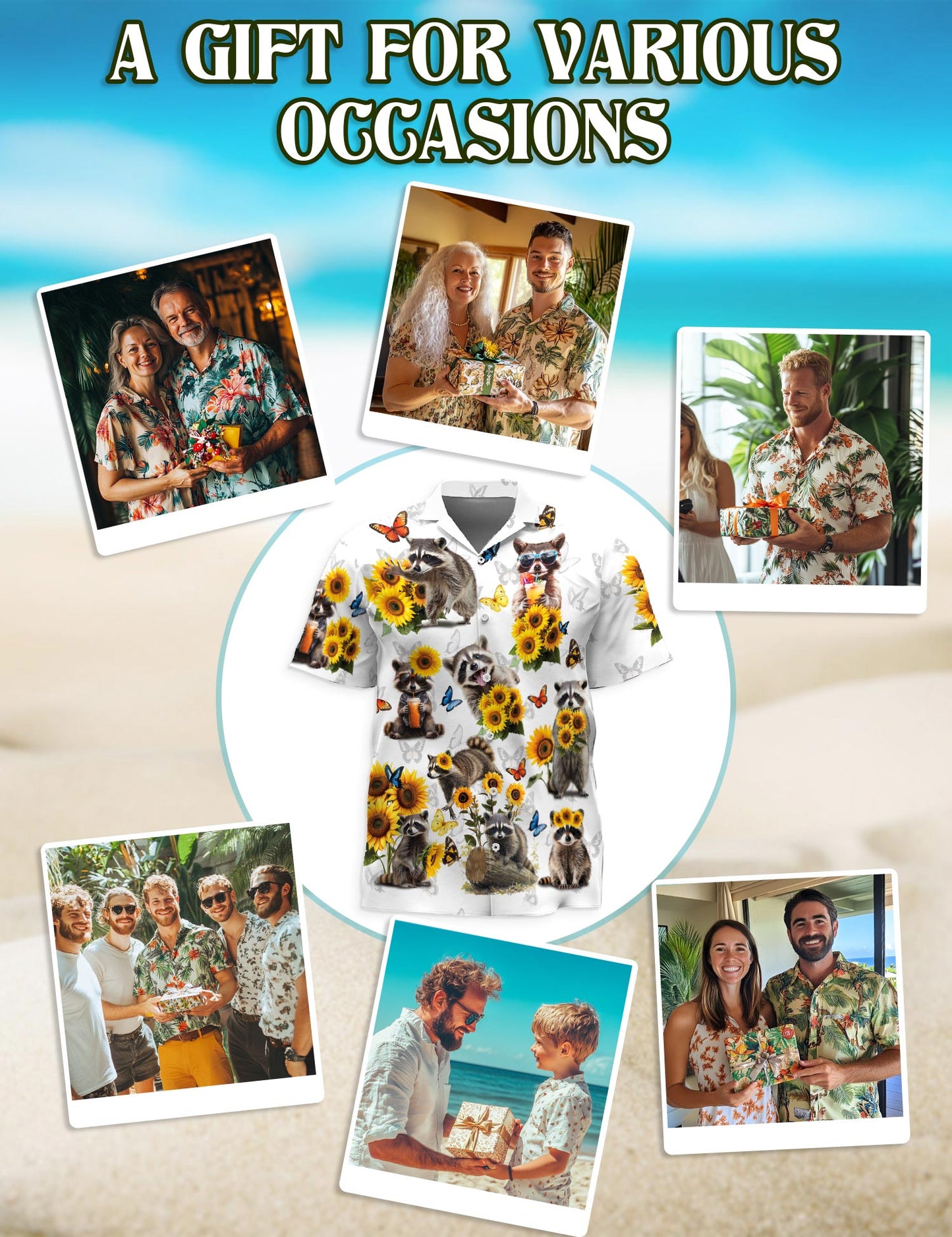 Netecom Raccoon Sunflower Hawaiian Shirt for Men, Vintage Style, Button Down Summer Beach Short Sleeve, S-5XL