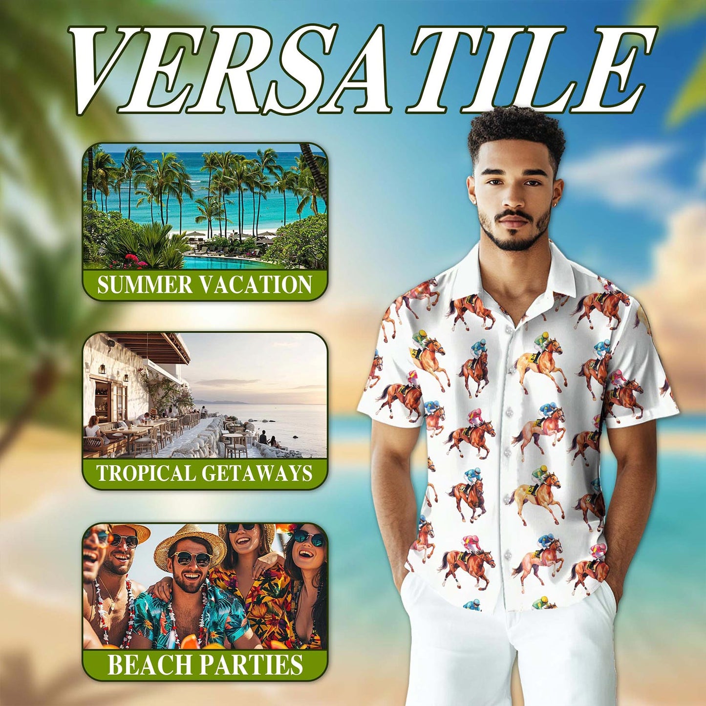 Netecom Racehorses Pattern Hawaiian Shirt for Men, Retro Style, Button Down Summer Beach Short Sleeve, S-5XL