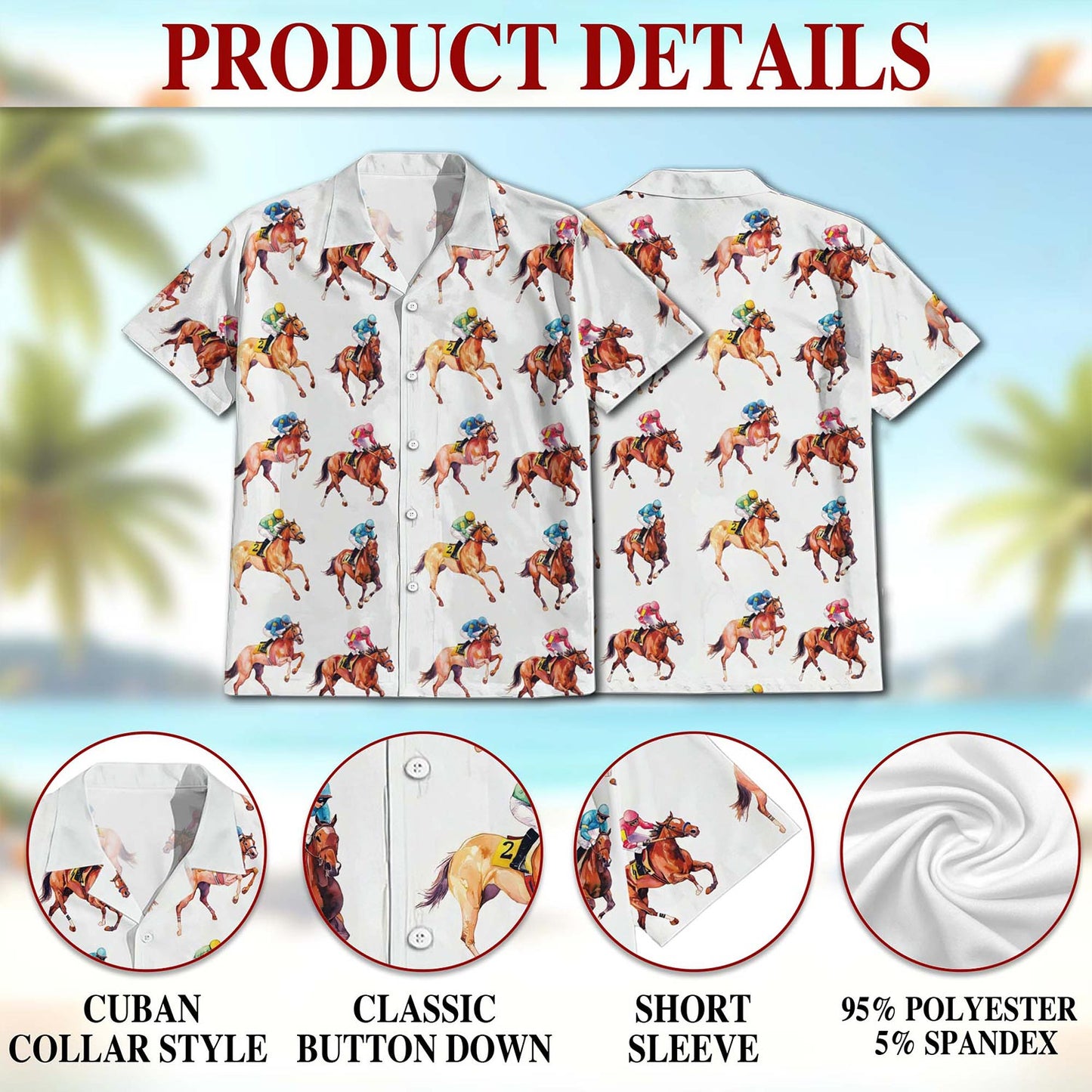 Netecom Racehorses Pattern Hawaiian Shirt for Men, Retro Style, Button Down Summer Beach Short Sleeve, S-5XL
