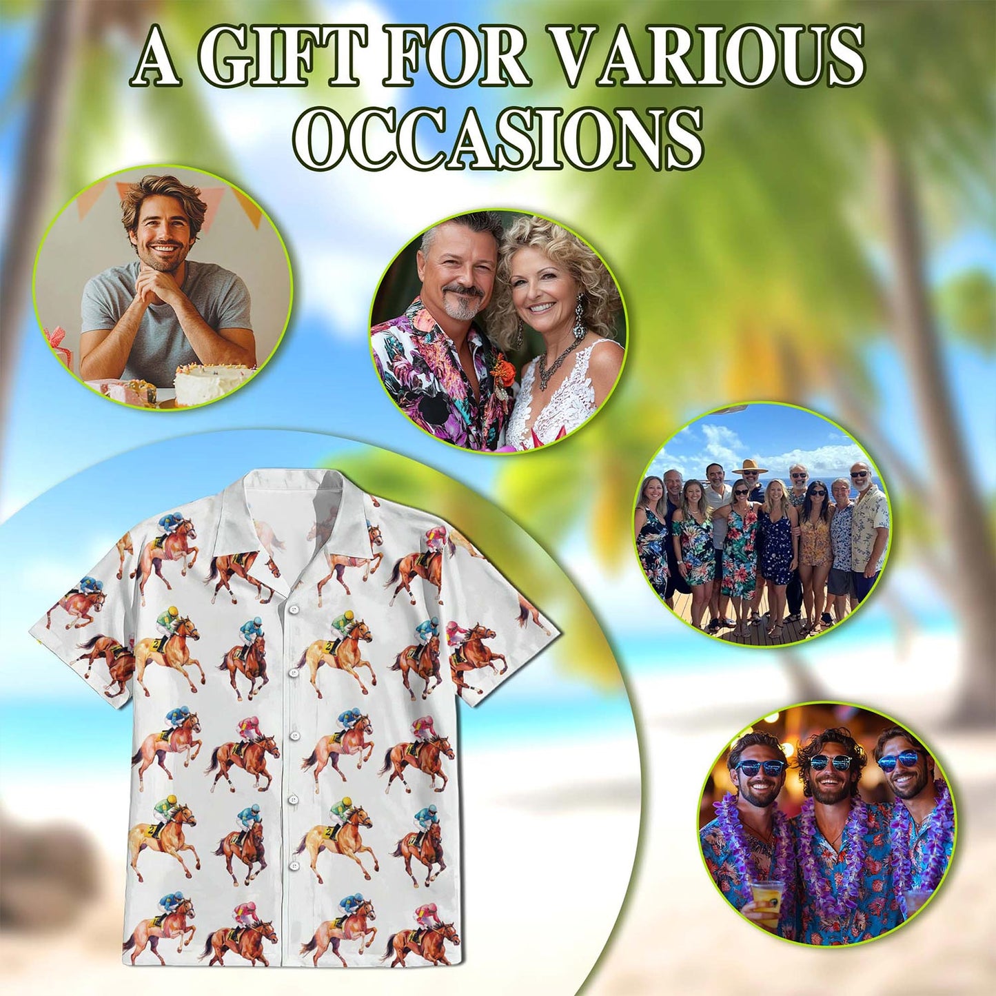 Netecom Racehorses Pattern Hawaiian Shirt for Men, Retro Style, Button Down Summer Beach Short Sleeve, S-5XL