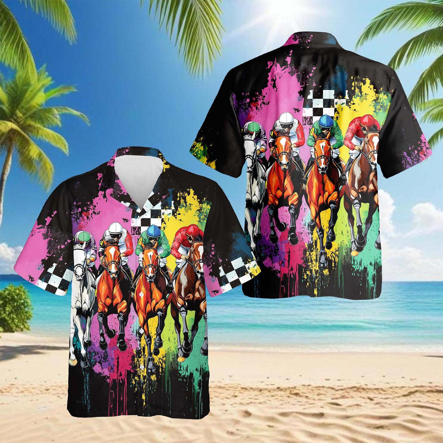 Netecom Racing Horse Hawaiian Shirt for Men, Button Down Summer Beach Short Sleeve, S-5XL