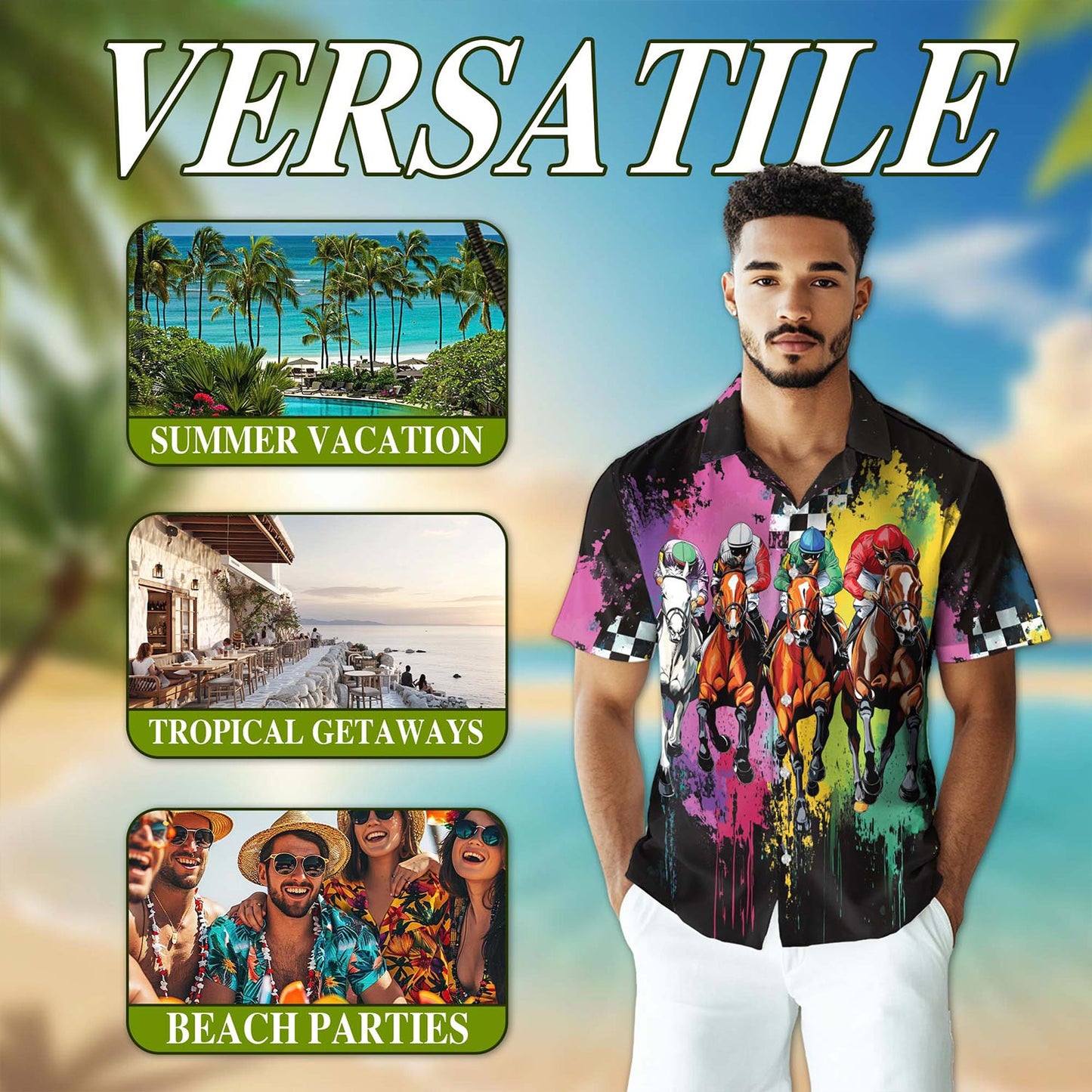 Netecom Racing Horse Hawaiian Shirt for Men, Button Down Summer Beach Short Sleeve, S-5XL