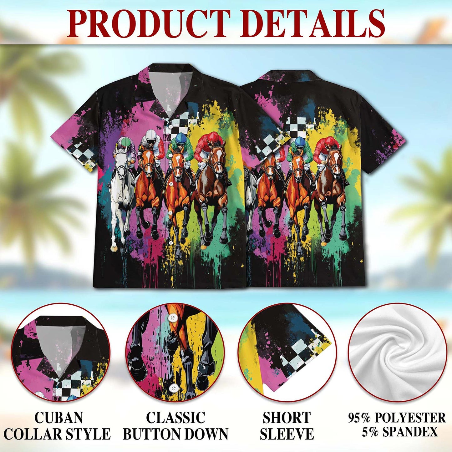 Netecom Racing Horse Hawaiian Shirt for Men, Button Down Summer Beach Short Sleeve, S-5XL