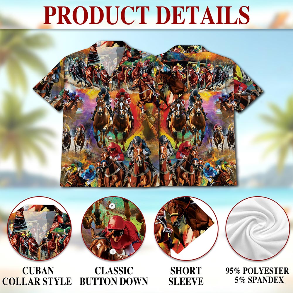 Netecom Racing Horse Hawaiian Shirt for Men, Western Tropical Style, Button Down Summer Beach Short Sleeve, S-5XL