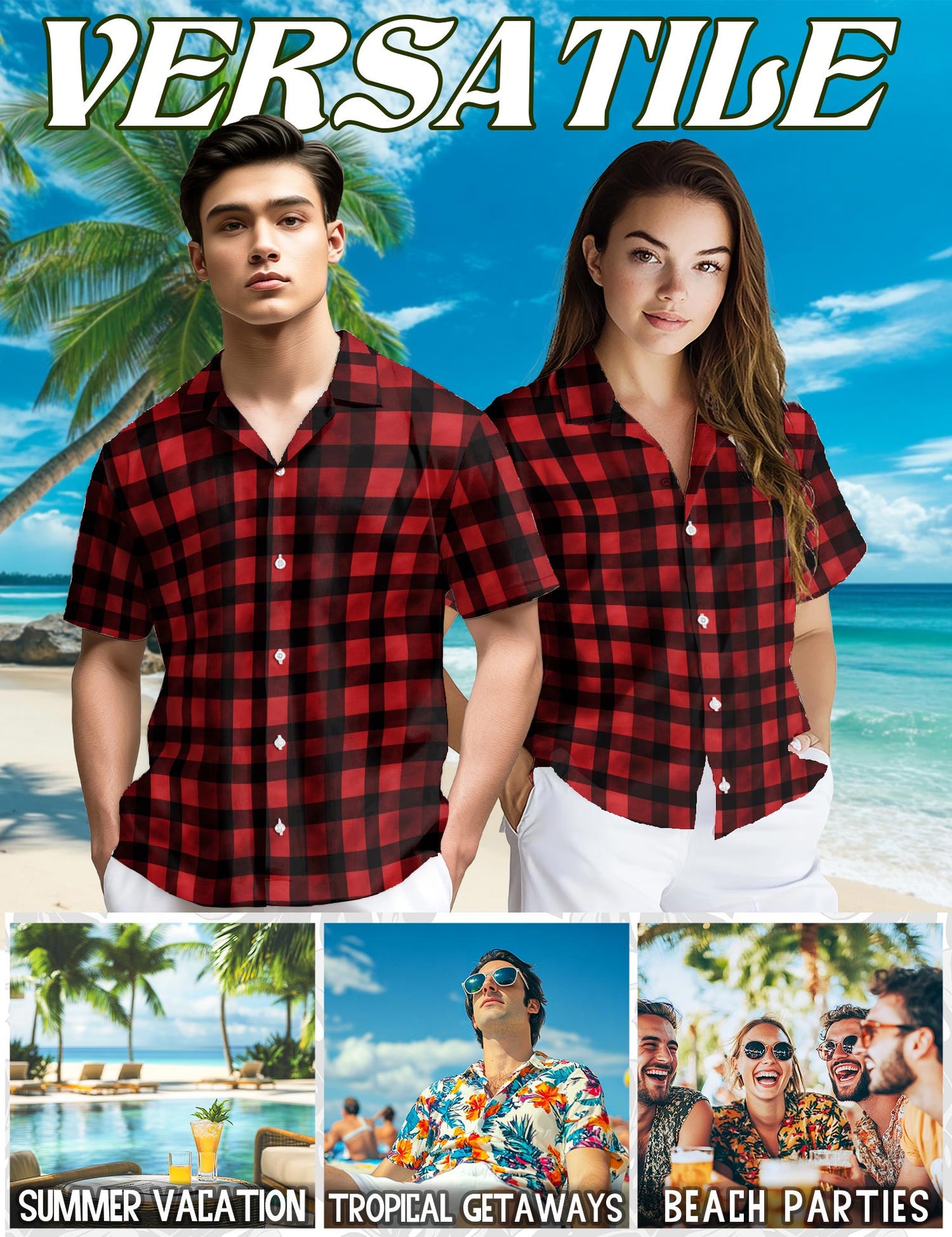 Netecom Red And Black Buffalo Plaid Hawaiian Shirt for Men, Button Down Summer Beach Short Sleeve, S-5XL